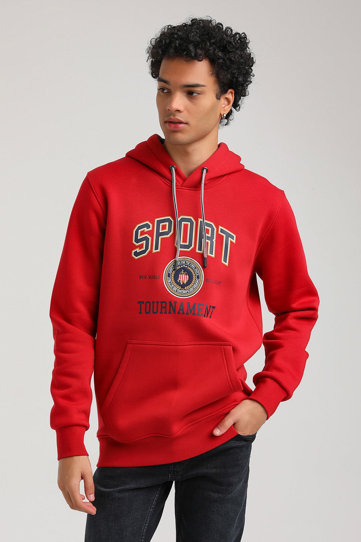 New World Polo Kapşonlu Kırmızı Slim Fit Hoodie 23FWM64052