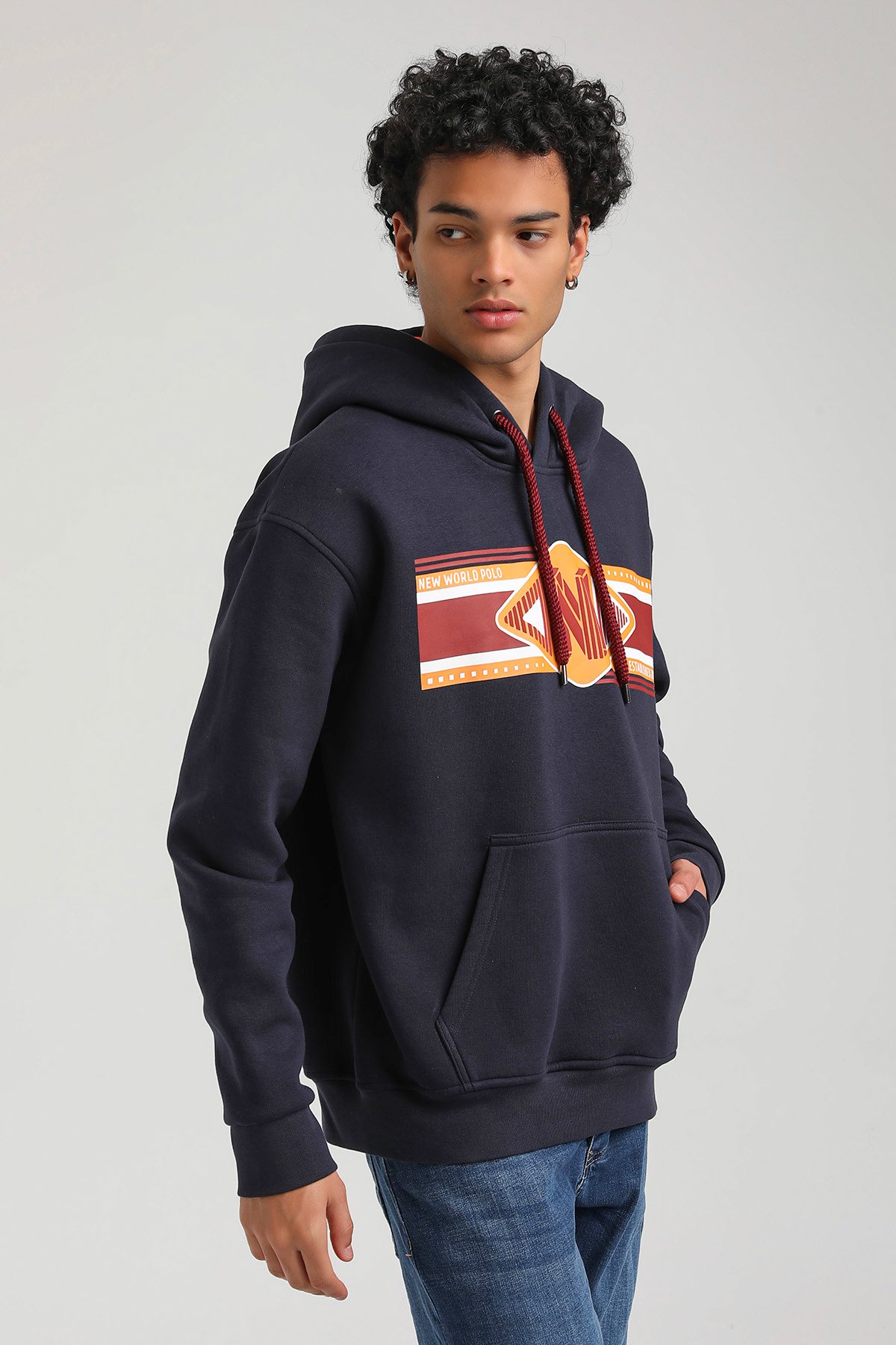 New World Polo Kapşonlu Lacivert Slim Fit Hoodie 23FWM64055