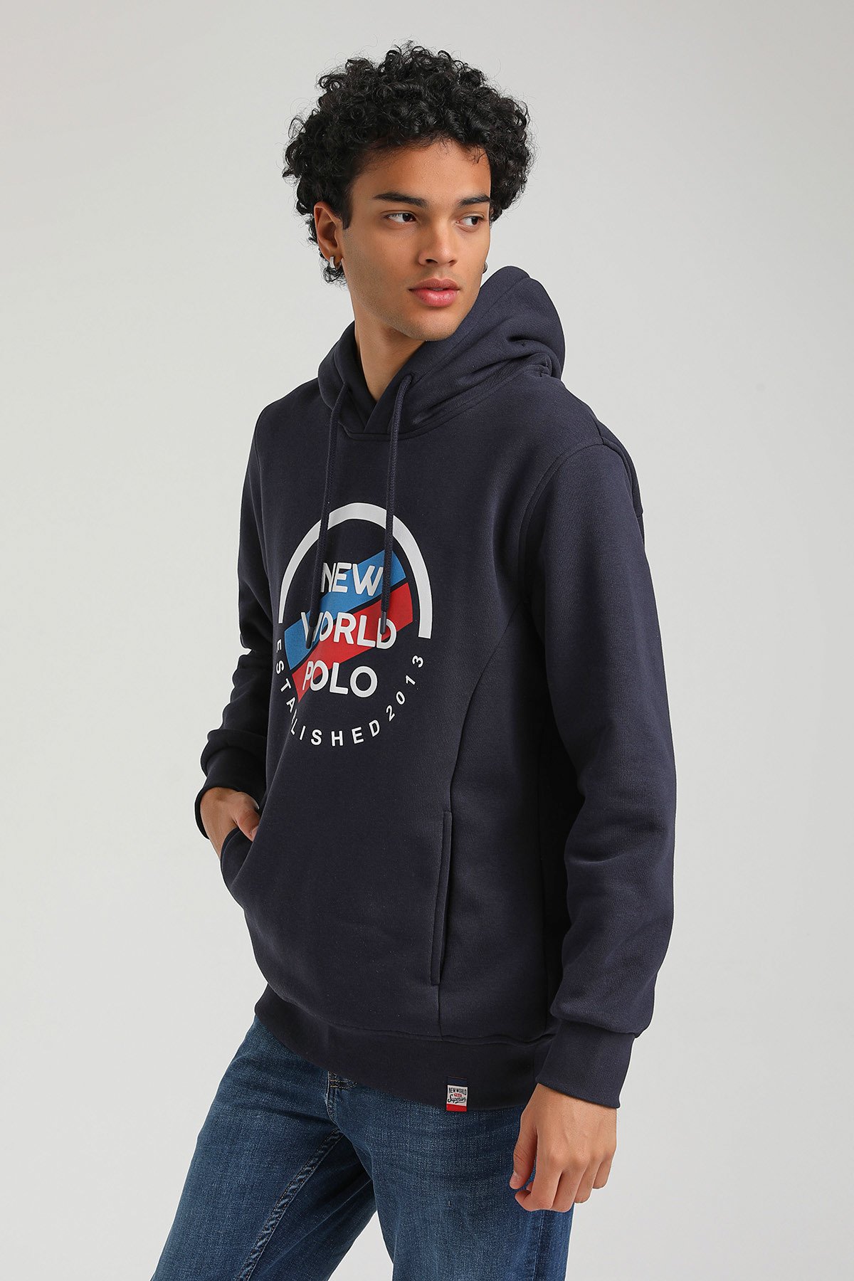 New World Polo Kapşonlu Lacivert Slim Fit Hoodie 23FWM64049