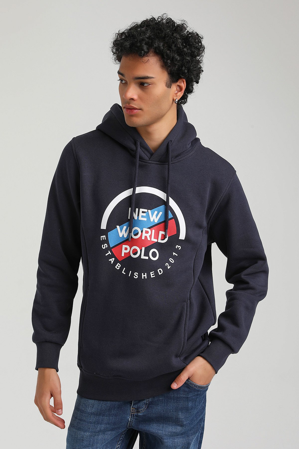 New World Polo Kapşonlu Lacivert Slim Fit Hoodie 23FWM64049