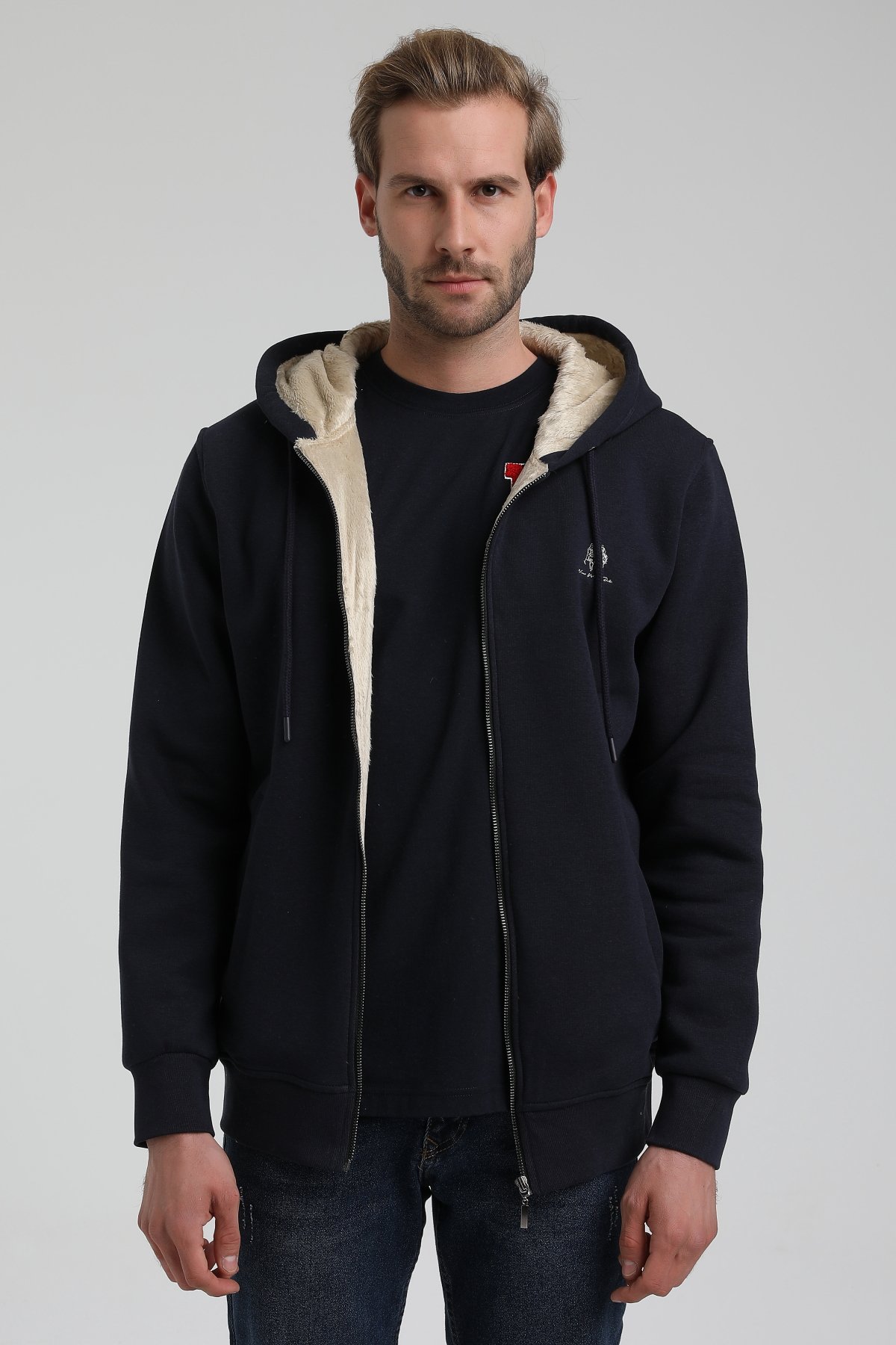 New World Polo Kapşonlu Lacivert Slim Fit Sweatshirt 22FWM64040