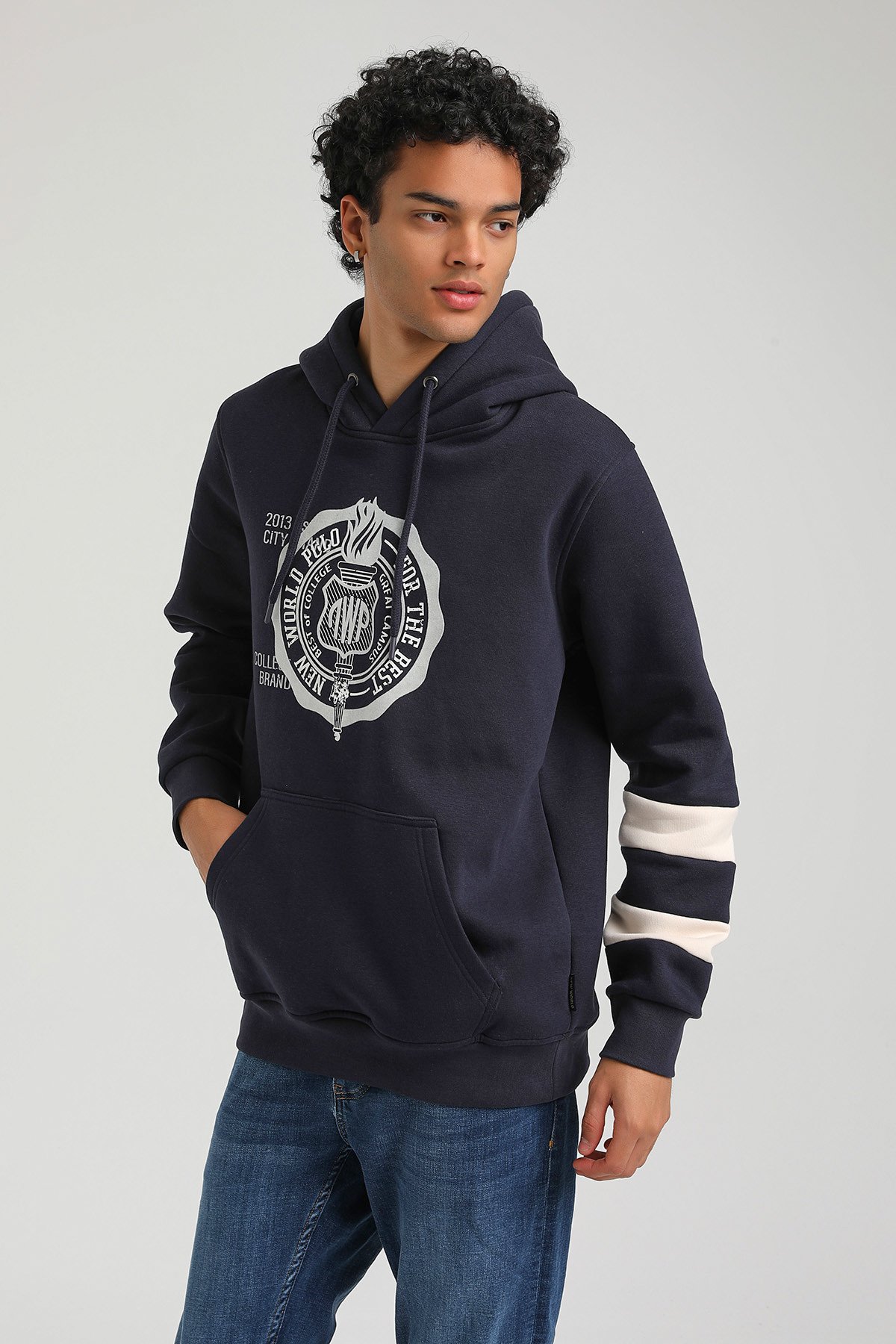 New World Polo Kapşonlu Lacivert Slim Fit Hoodie 23FWM64054