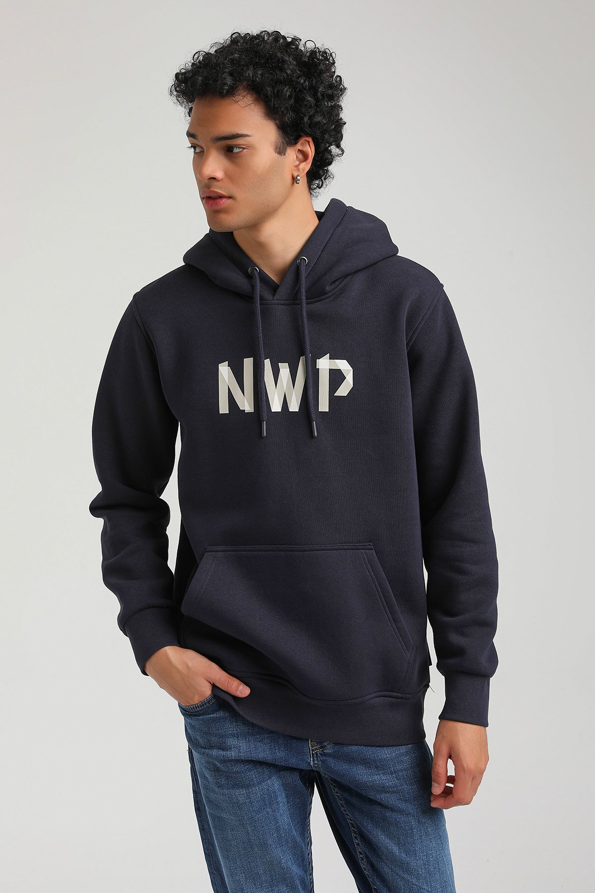 New World Polo Kapşonlu Lacivert Slim Fit Hoodie 23FWM64053