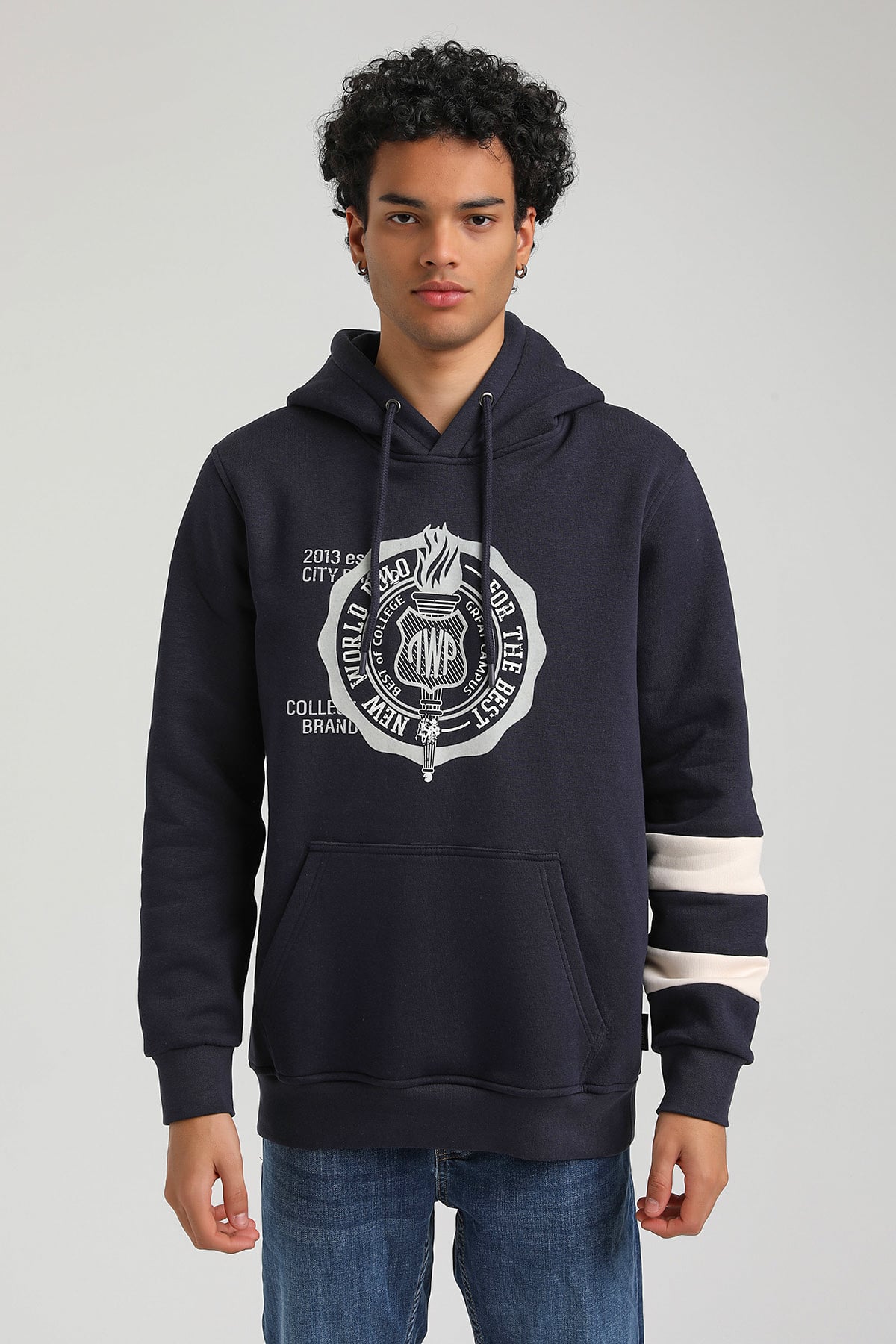 New World Polo Kapşonlu Lacivert Slim Fit Hoodie 23FWM64054