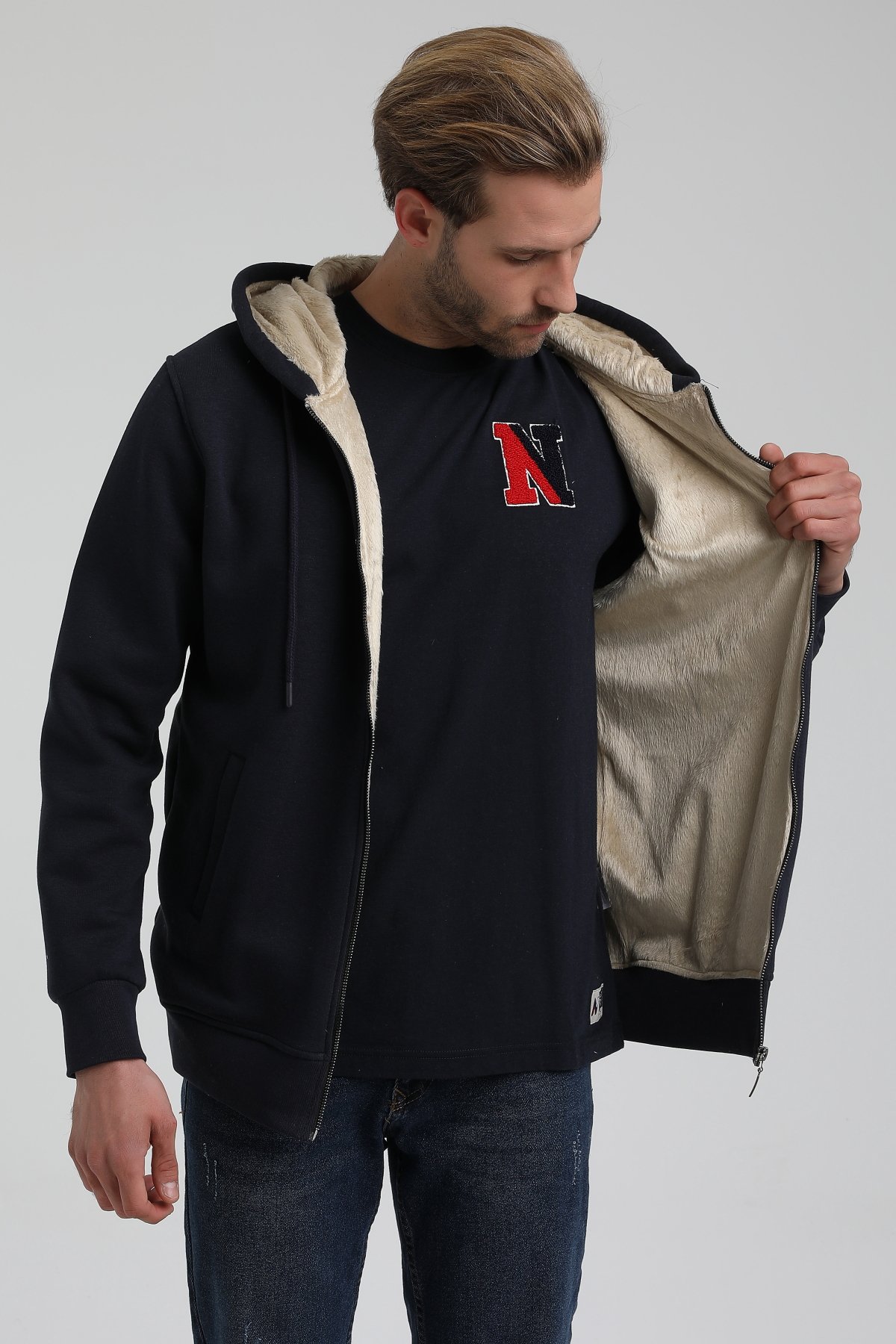 New World Polo Kapşonlu Lacivert Slim Fit Sweatshirt 22FWM64040