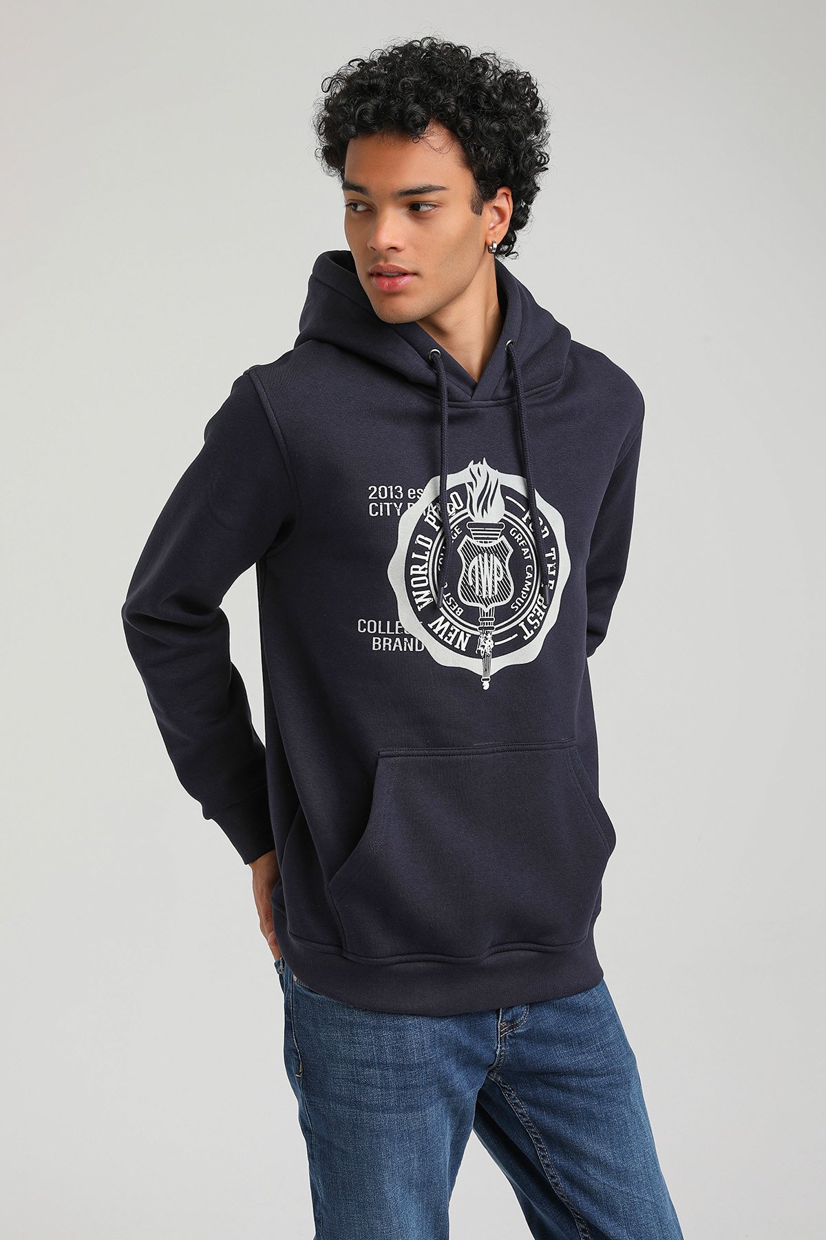 New World Polo Kapşonlu Lacivert Slim Fit Hoodie 23FWM64054