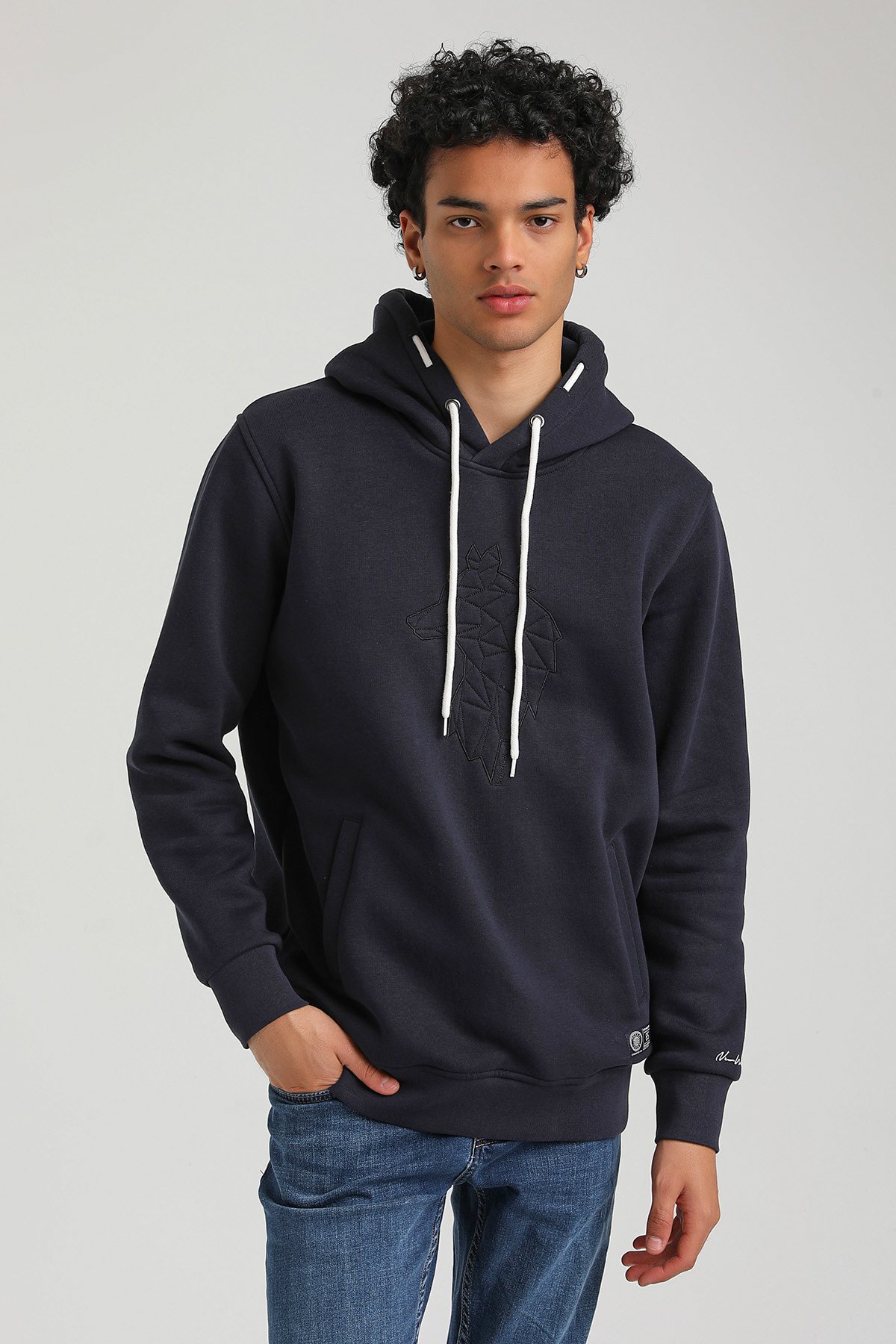 New World Polo Kapşonlu Lacivert Slim Fit Hoodie 23FWM64041
