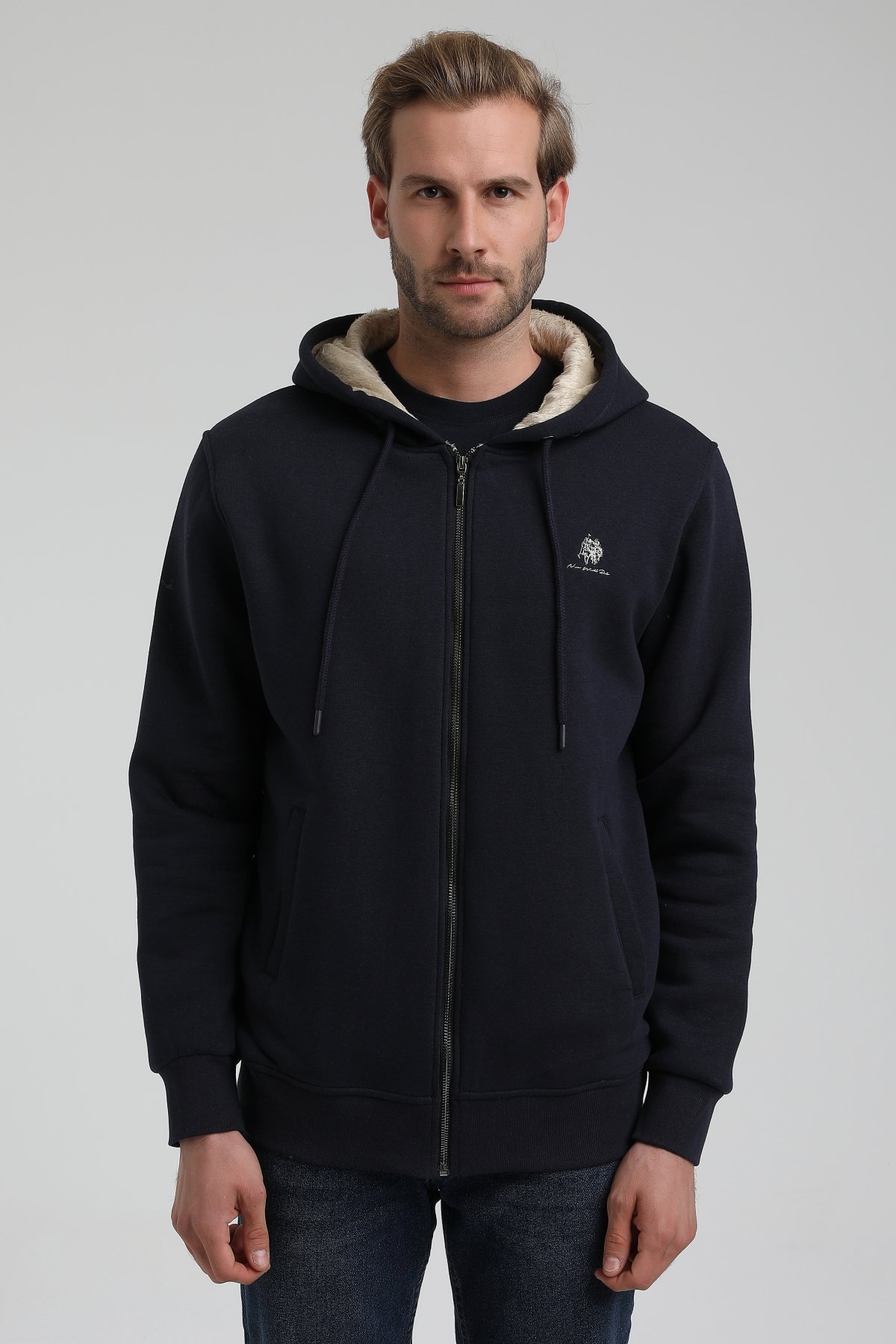 New World Polo Kapşonlu Lacivert Slim Fit Sweatshirt 22FWM64040