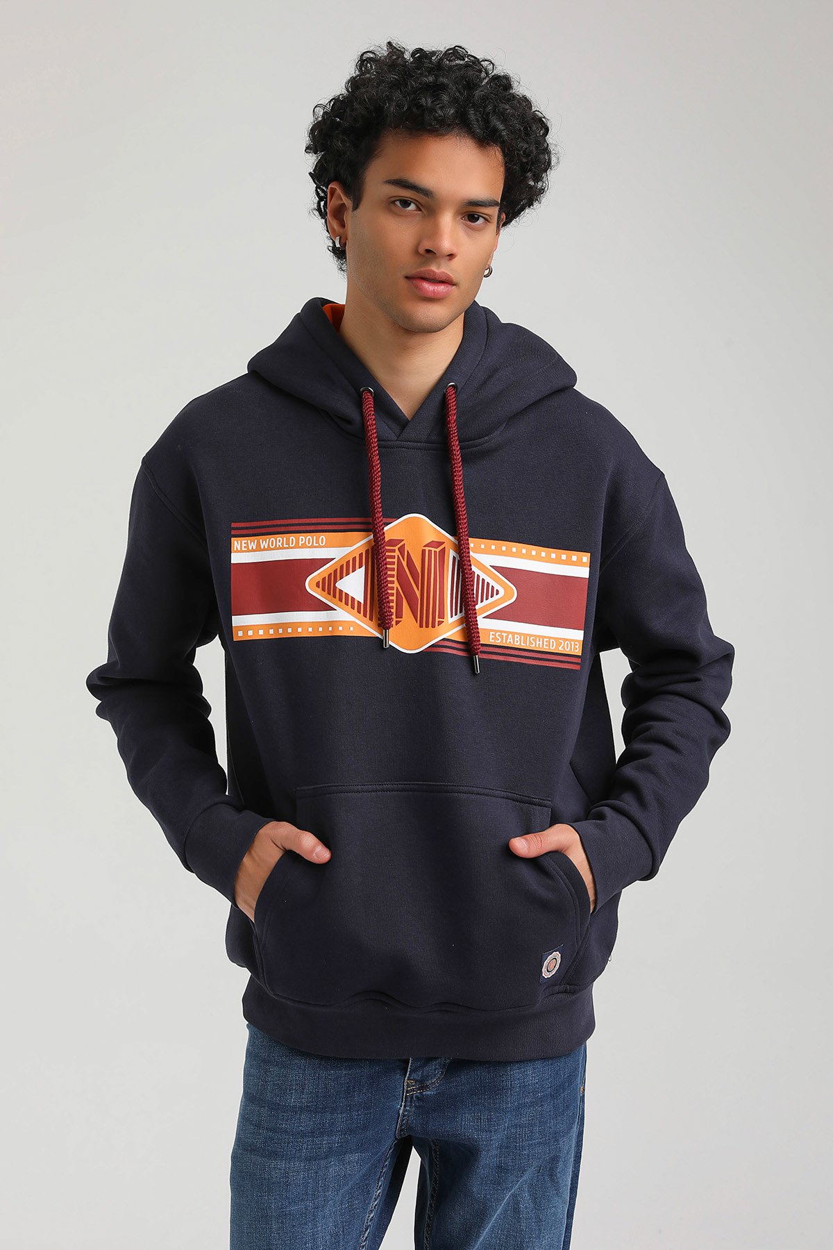 New World Polo Kapşonlu Lacivert Slim Fit Hoodie 23FWM64055
