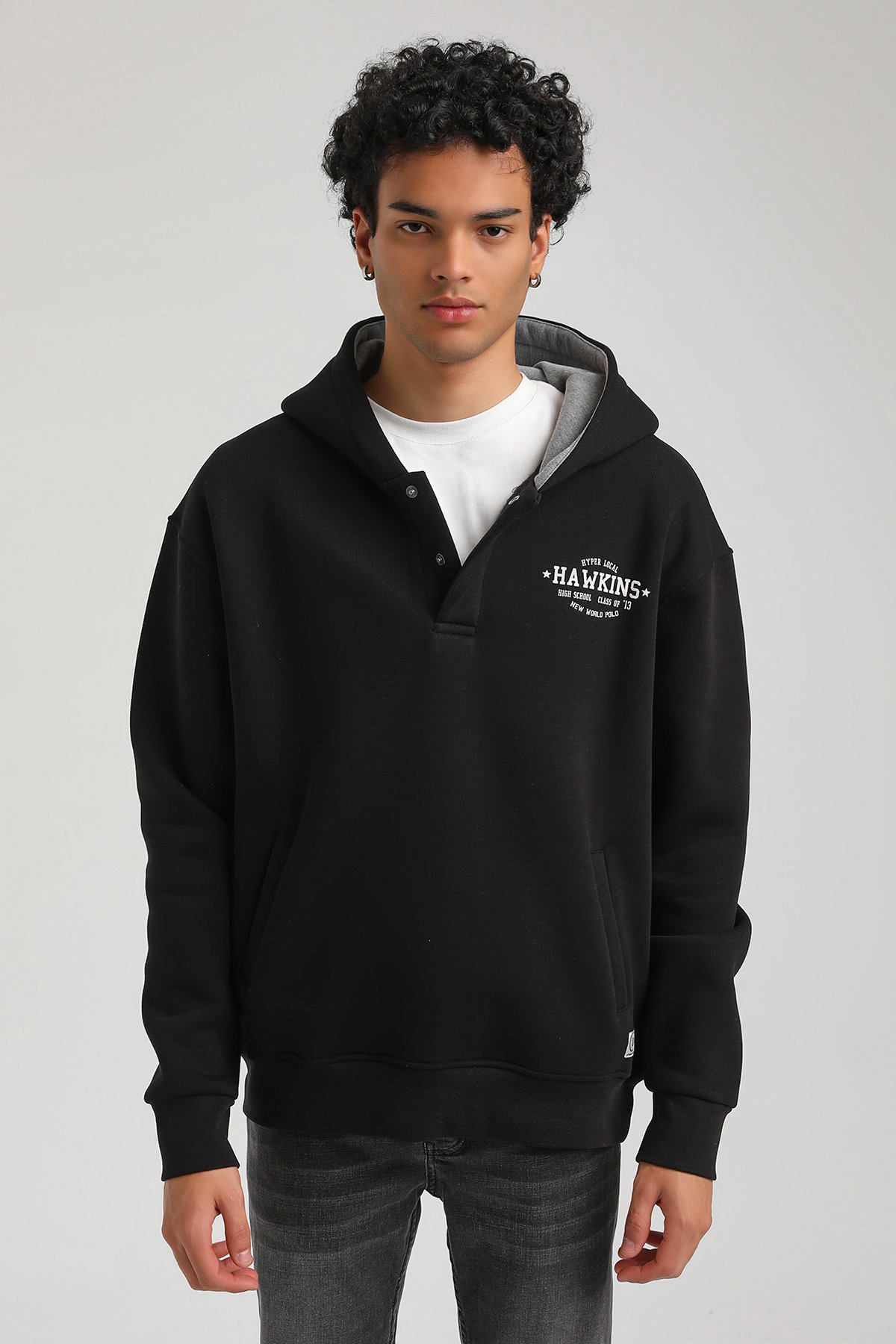 New World Polo Kapşonlu Siyah Slim Fit Hoodie 23FWM64057