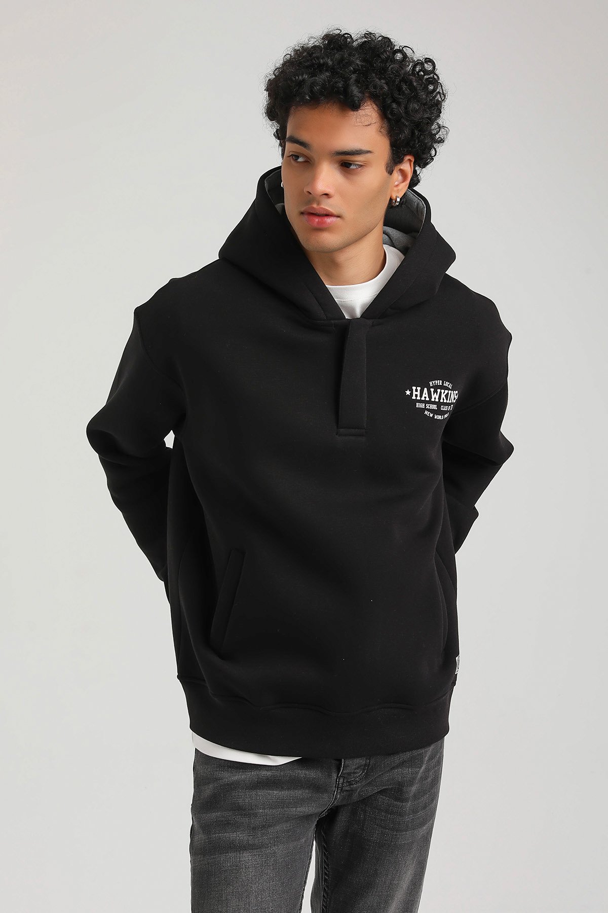 New World Polo Kapşonlu Siyah Slim Fit Hoodie 23FWM64057