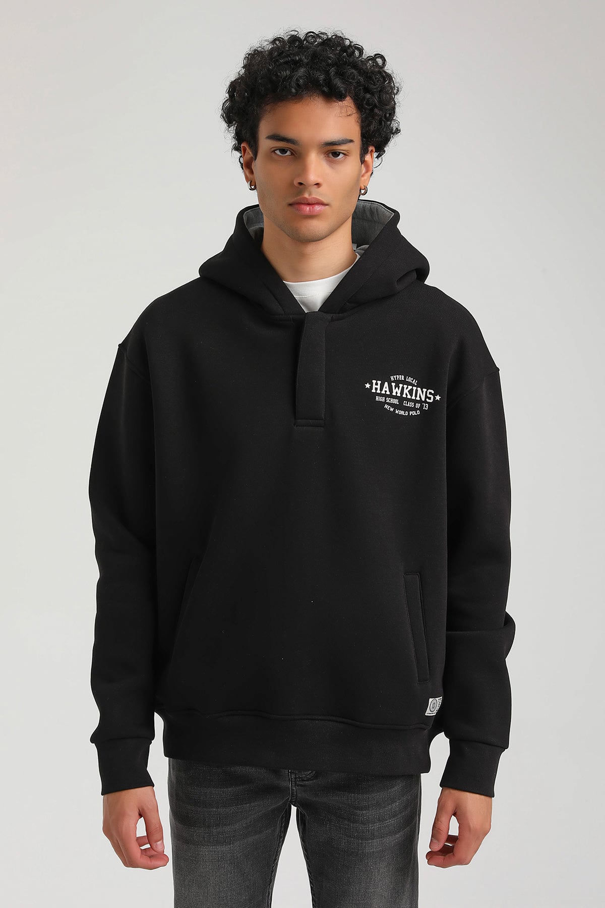 New World Polo Kapşonlu Siyah Slim Fit Hoodie 23FWM64057
