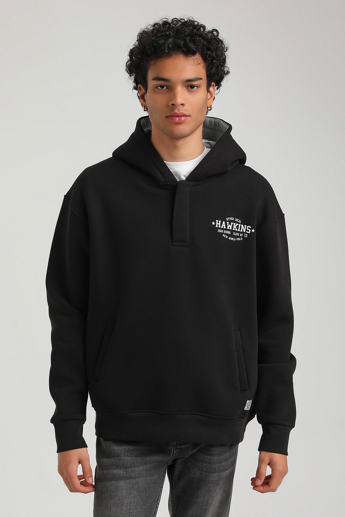 New World Polo Kapşonlu Siyah Slim Fit Hoodie 23FWM64057