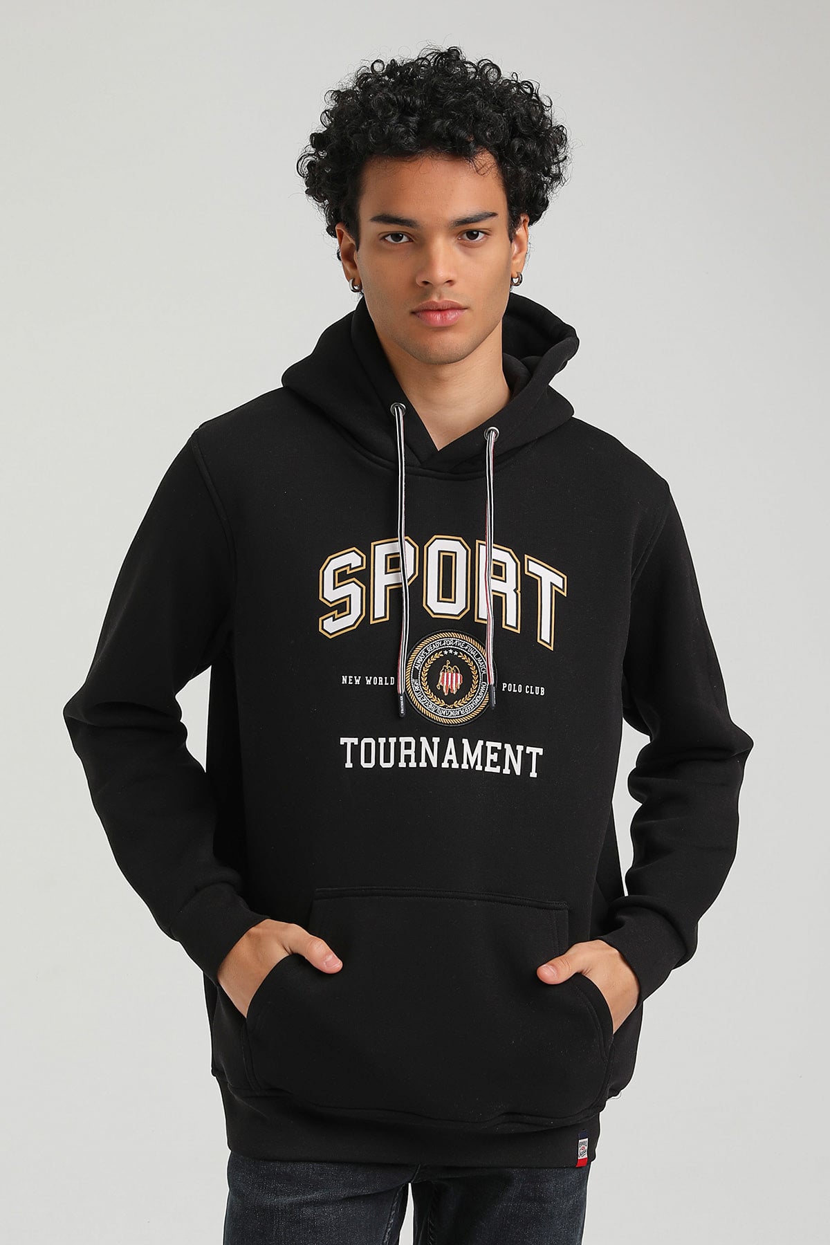 New World Polo Kapşonlu Siyah Slim Fit Hoodie 23FWM64052