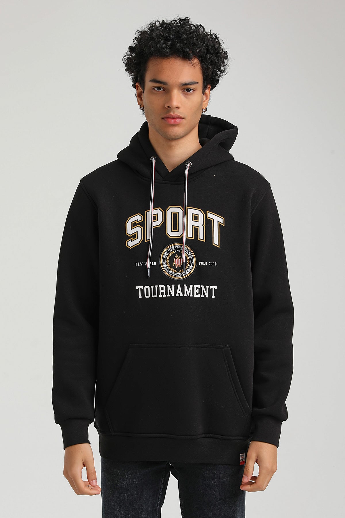 New World Polo Kapşonlu Siyah Slim Fit Hoodie 23FWM64052