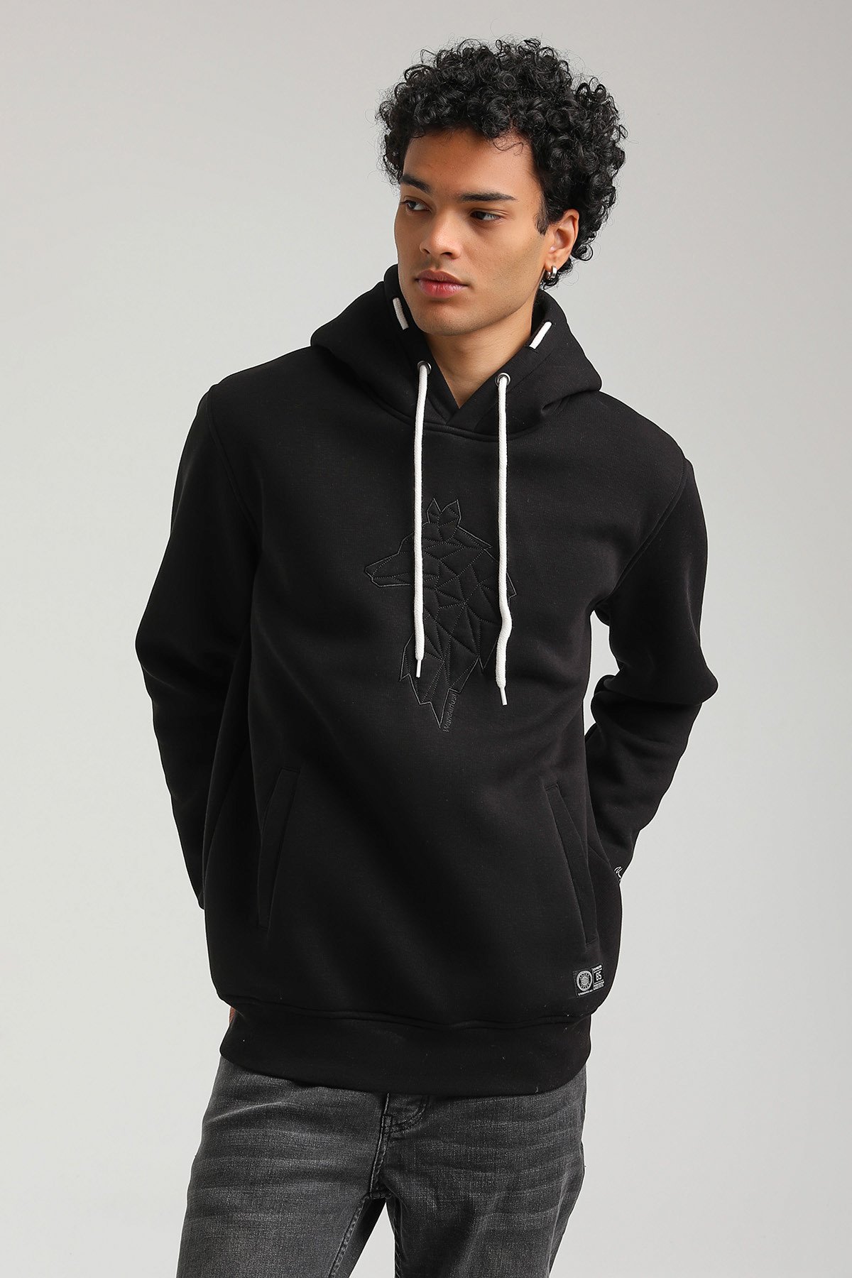 New World Polo Kapşonlu Siyah Slim Fit Hoodie 23FWM64041