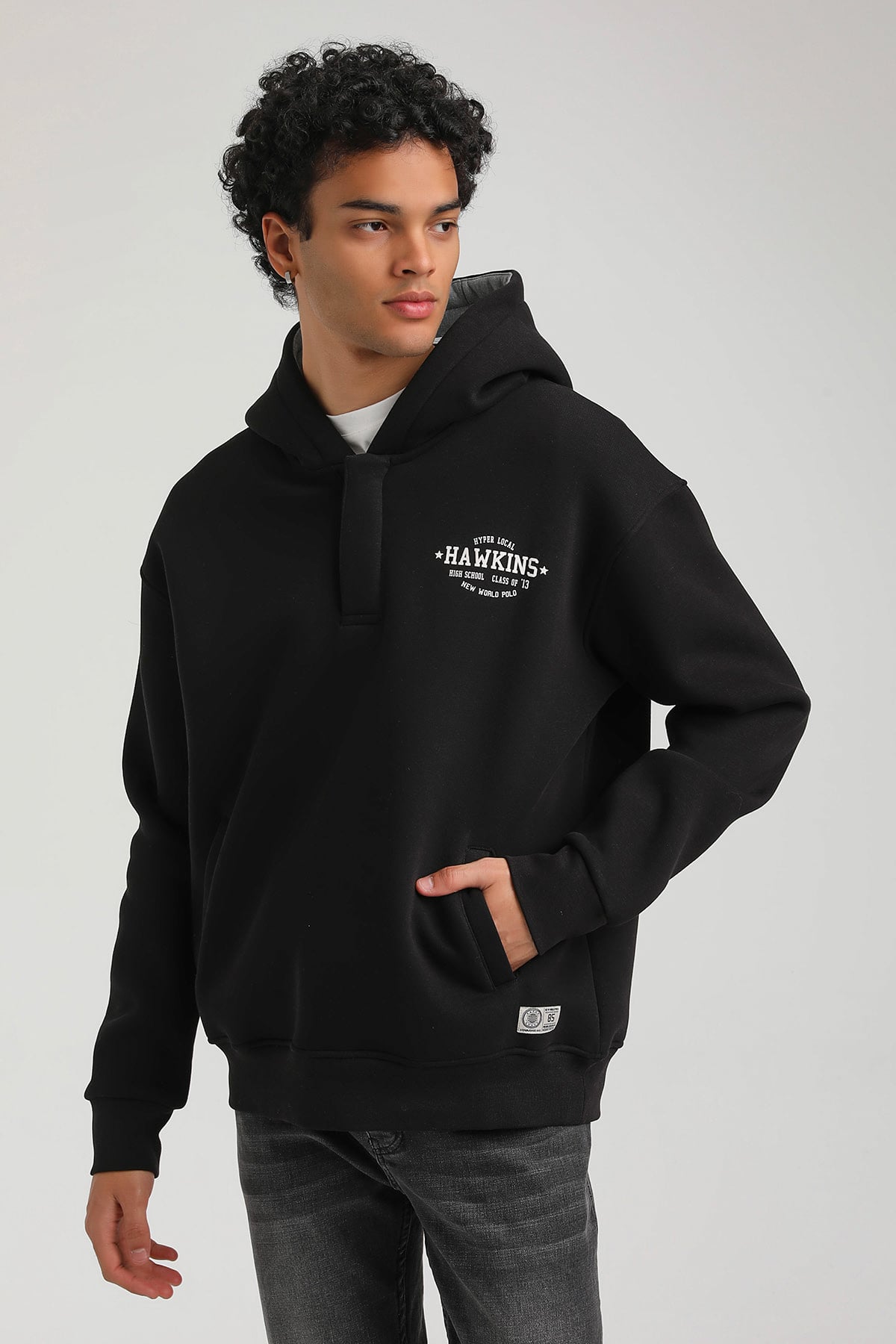 New World Polo Kapşonlu Siyah Slim Fit Hoodie 23FWM64057
