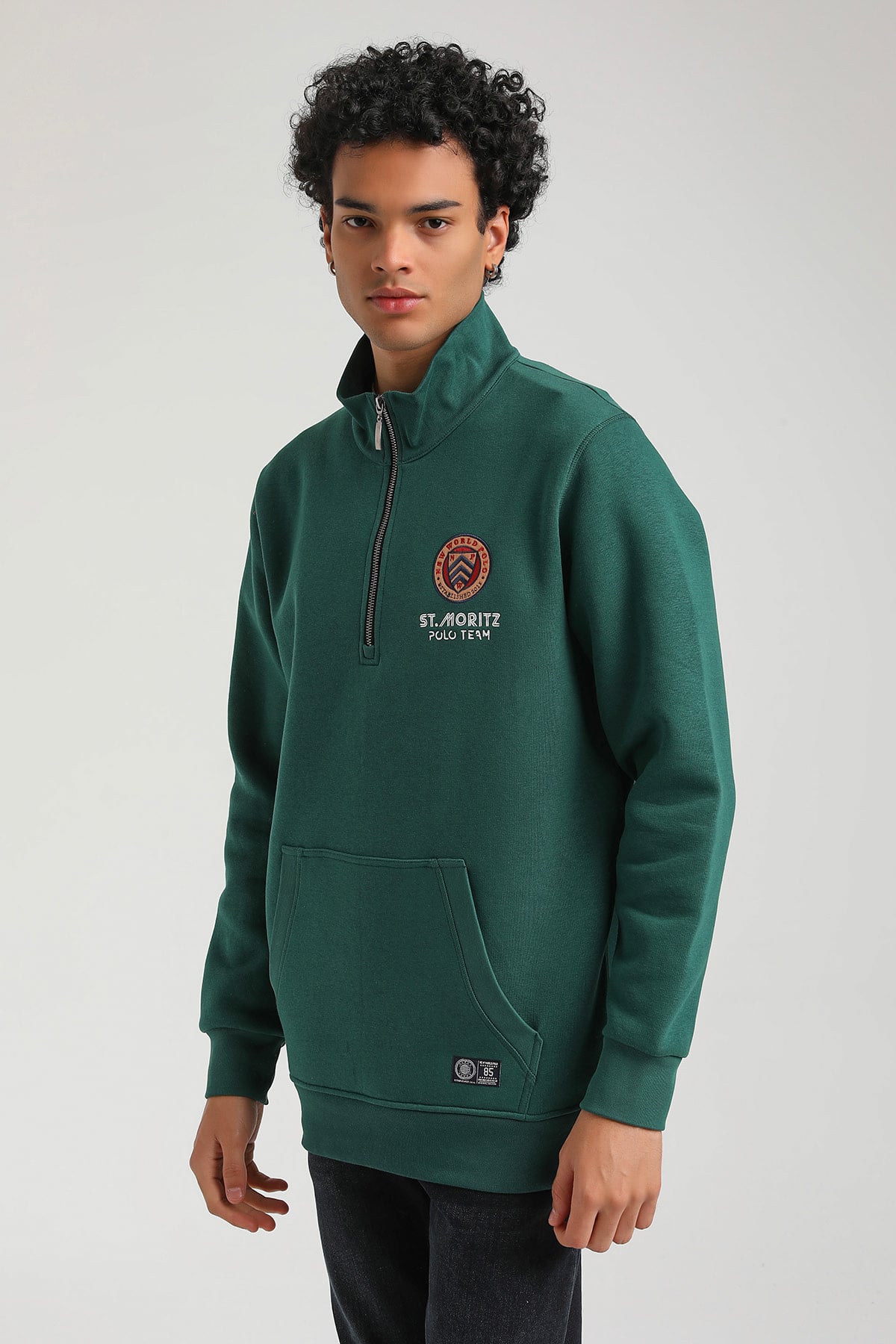 New World Polo Kapşonlu Yeşil Slim Fit Hoodie 23FWM64064