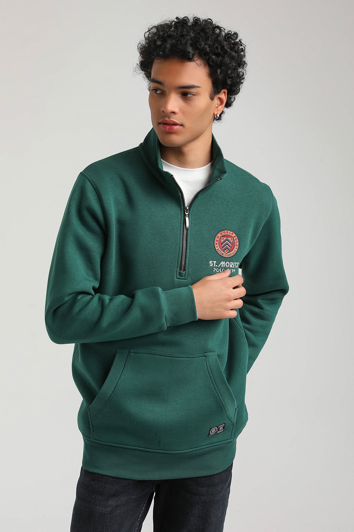 New World Polo Kapşonlu Yeşil Slim Fit Hoodie 23FWM64064