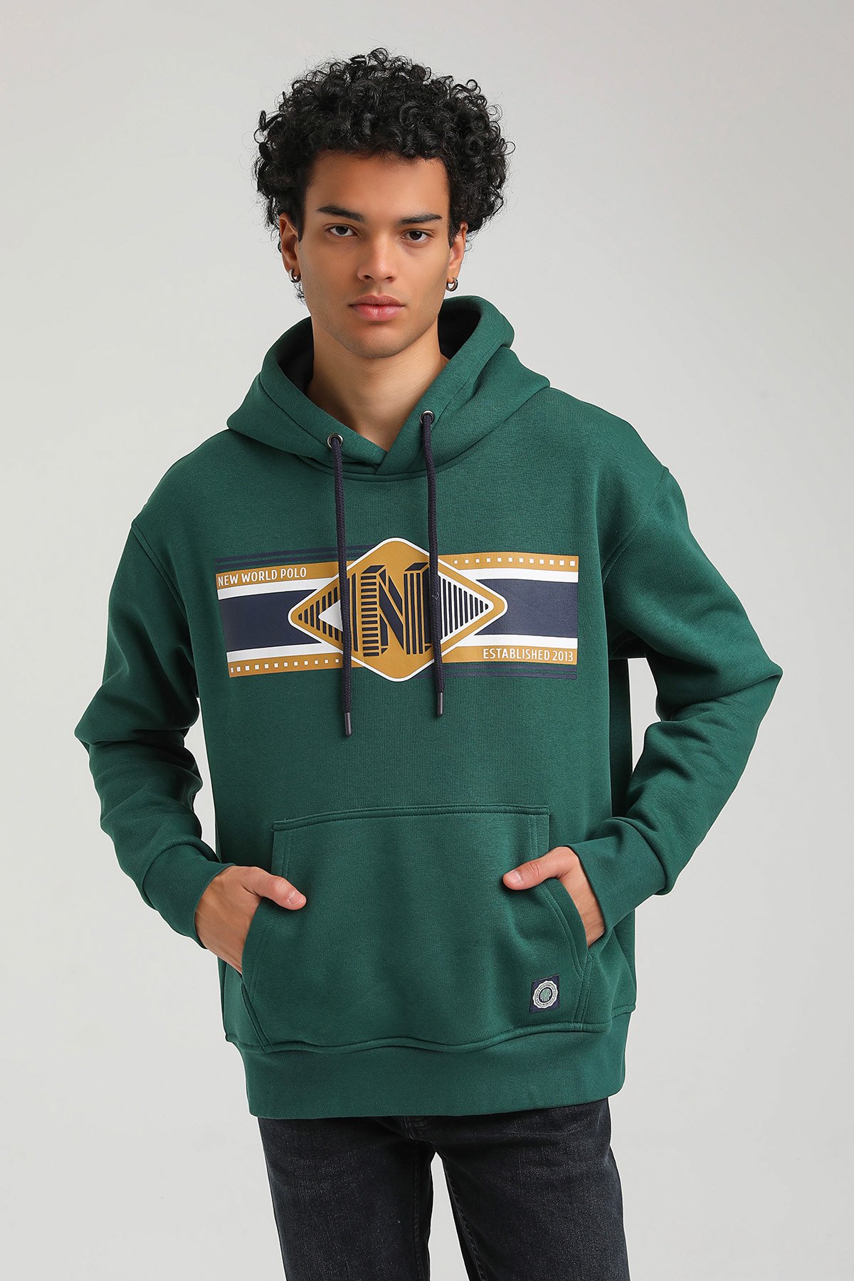 New World Polo Kapşonlu Yeşil Slim Fit Hoodie 23FWM64055