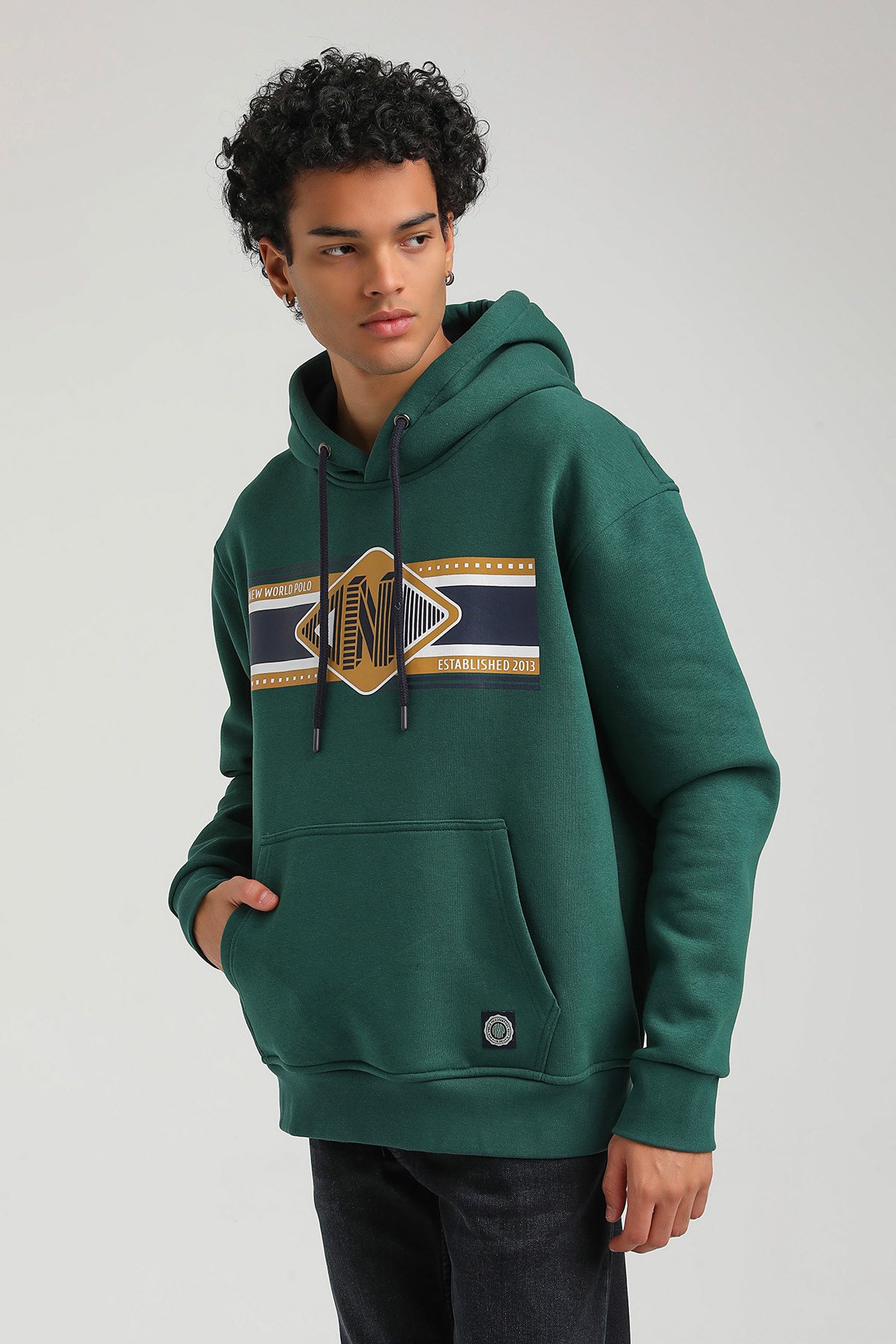 New World Polo Kapşonlu Yeşil Slim Fit Hoodie 23FWM64055