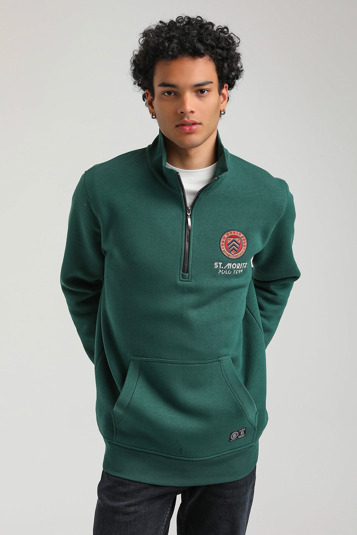 New World Polo Kapşonlu Yeşil Slim Fit Hoodie 23FWM64064