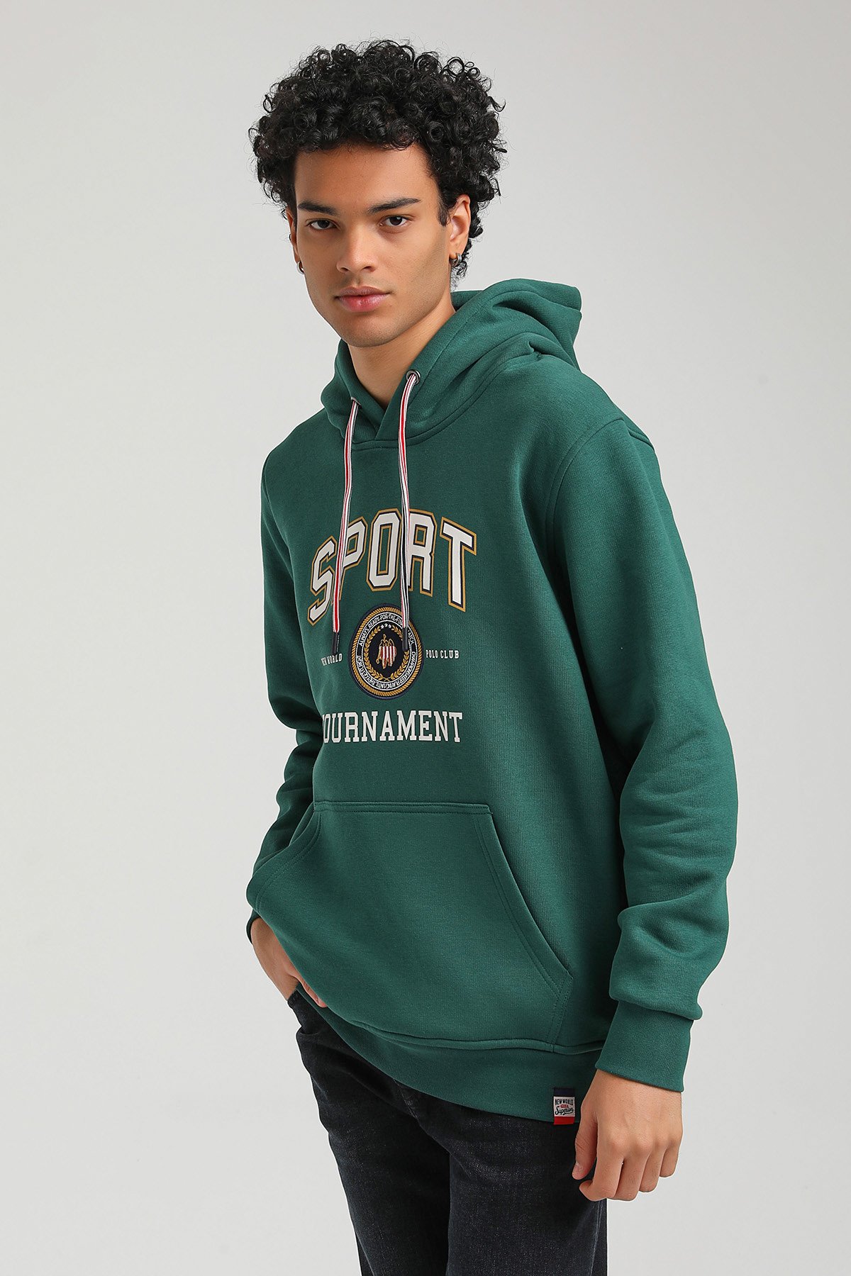 New World Polo Kapşonlu Yeşil Slim Fit Hoodie 23FWM64052