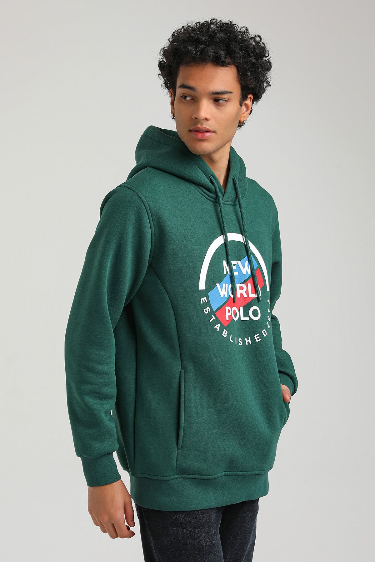 New World Polo Kapşonlu Yeşil Slim Fit Hoodie 23FWM64049
