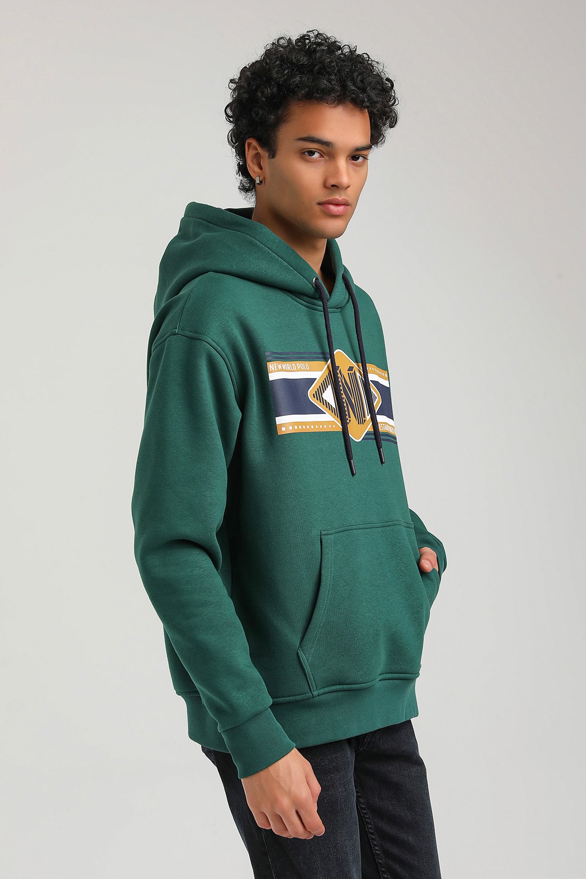 New World Polo Kapşonlu Yeşil Slim Fit Hoodie 23FWM64055