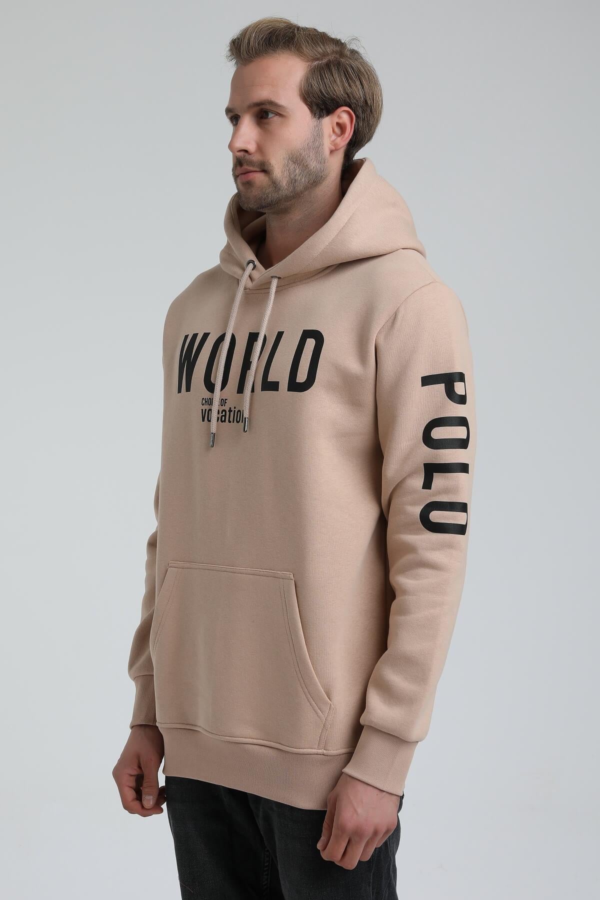 New World Polo Kapüşonlu Bej Slim Fit Hoodie 22FWM64035