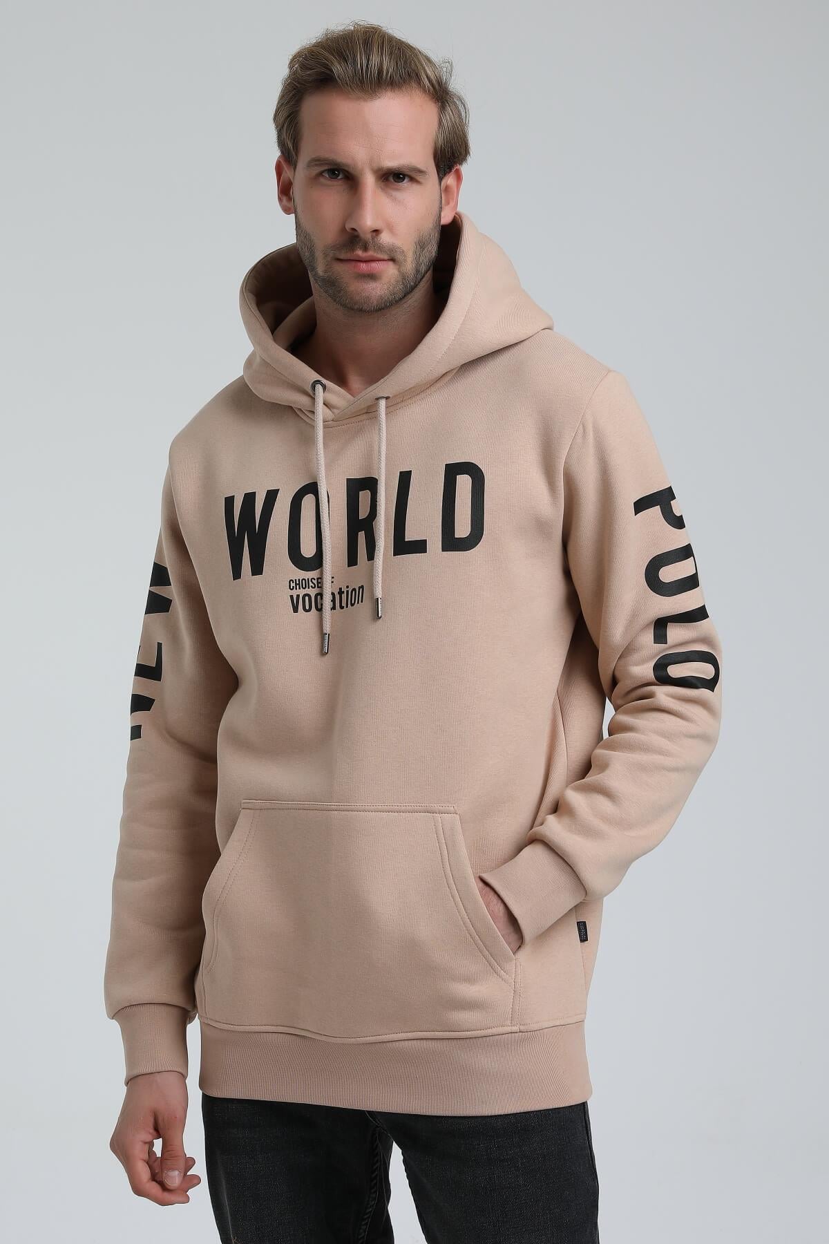 New World Polo Kapüşonlu Bej Slim Fit Hoodie 22FWM64035