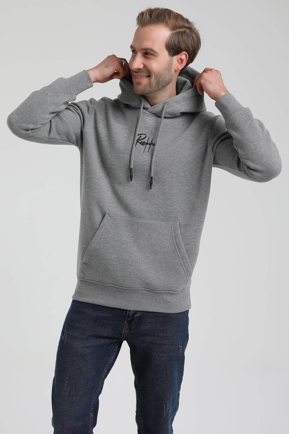 New World Polo Kapüşonlu Gri Slim Fit Hoodie 22FWM64034