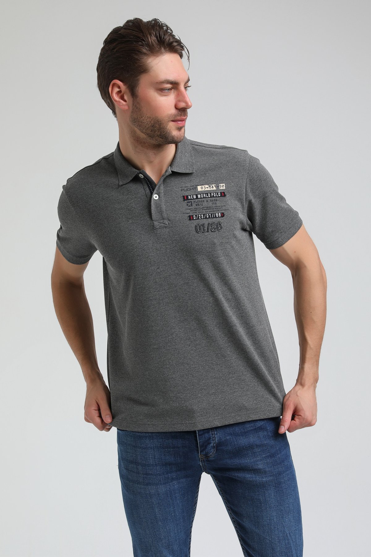 New World Polo Polo Yaka Gri Regular Custom Polo 23SSM10270