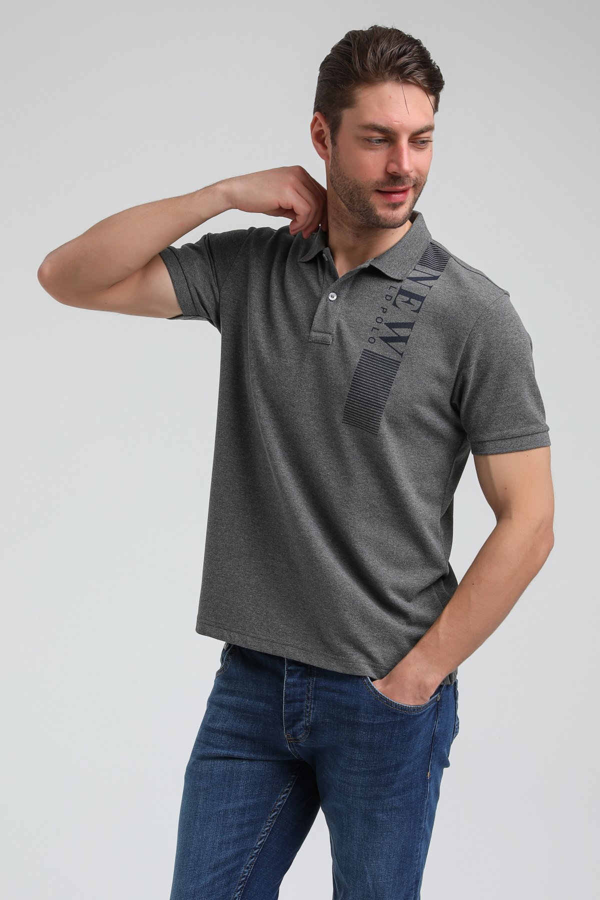New World Polo Polo Yaka Gri Regular Custom Polo 23SSM10274