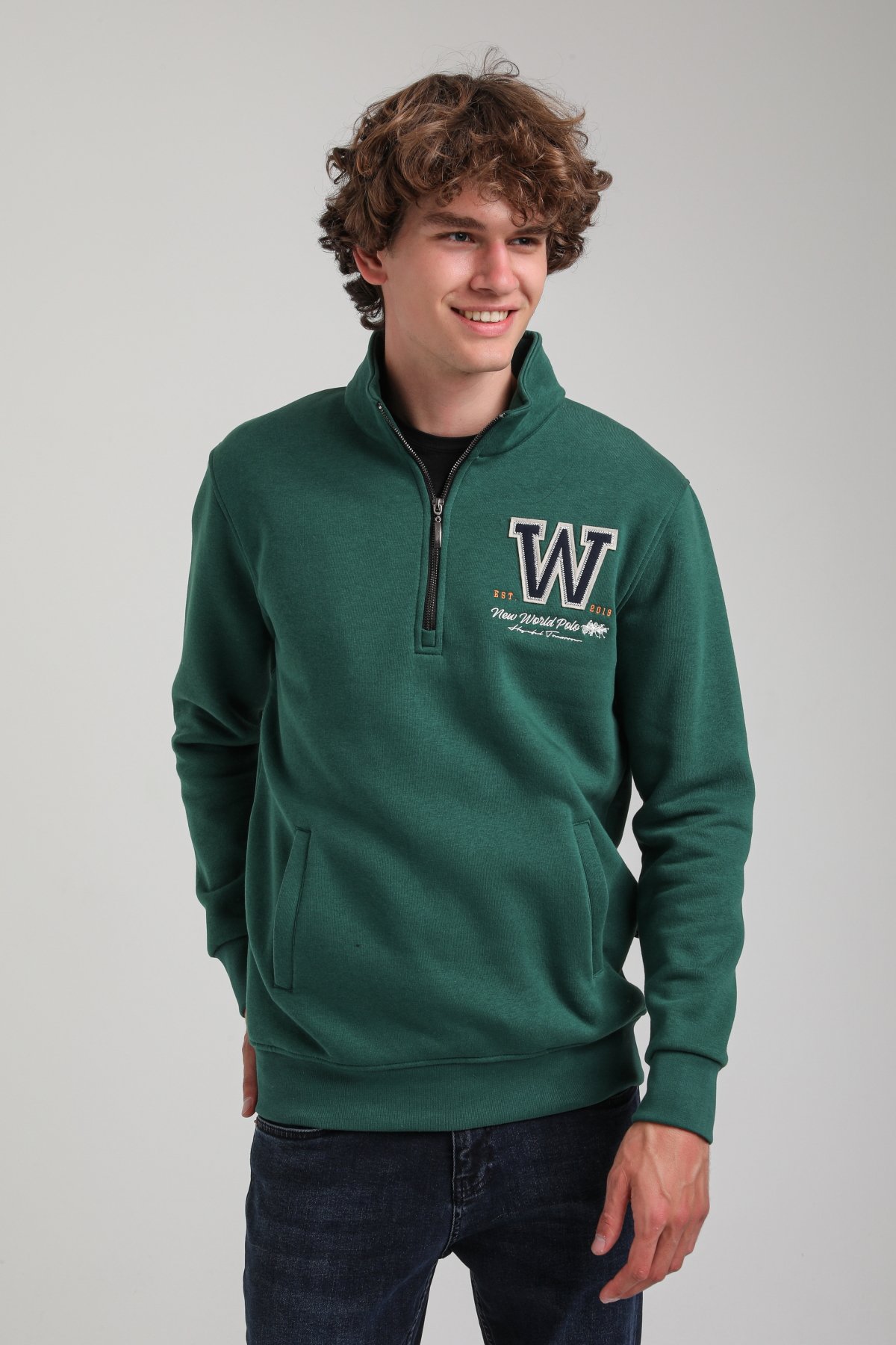 Yeşil Slim Fit Half-Zip Sweatshirt 23FWM64065