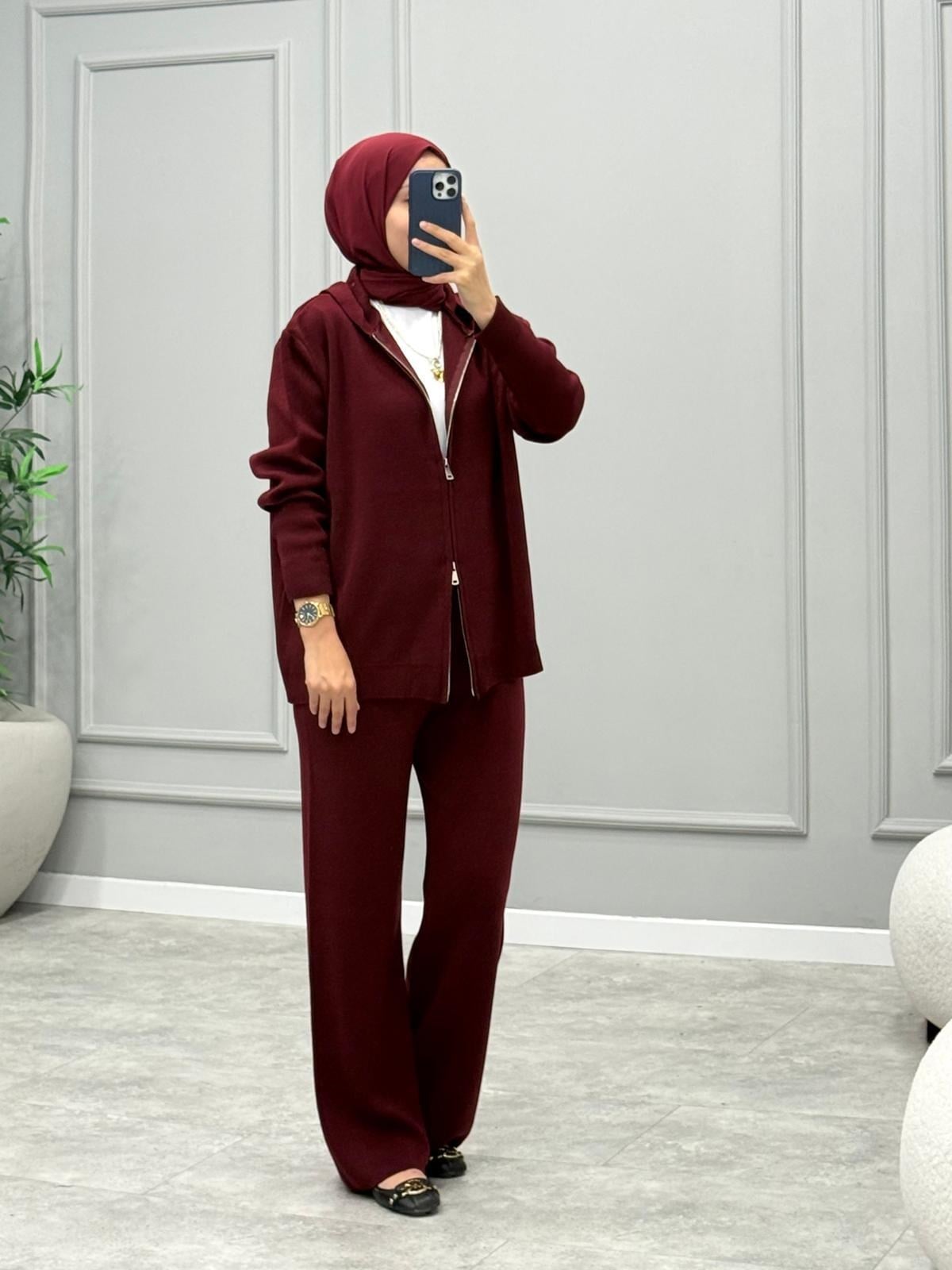 Aluze Kapüşonlu Takım -Bordo