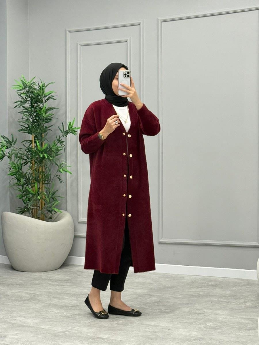 Angora Çıtçıtlı Hırka -Bordo (Ön Sipariş)