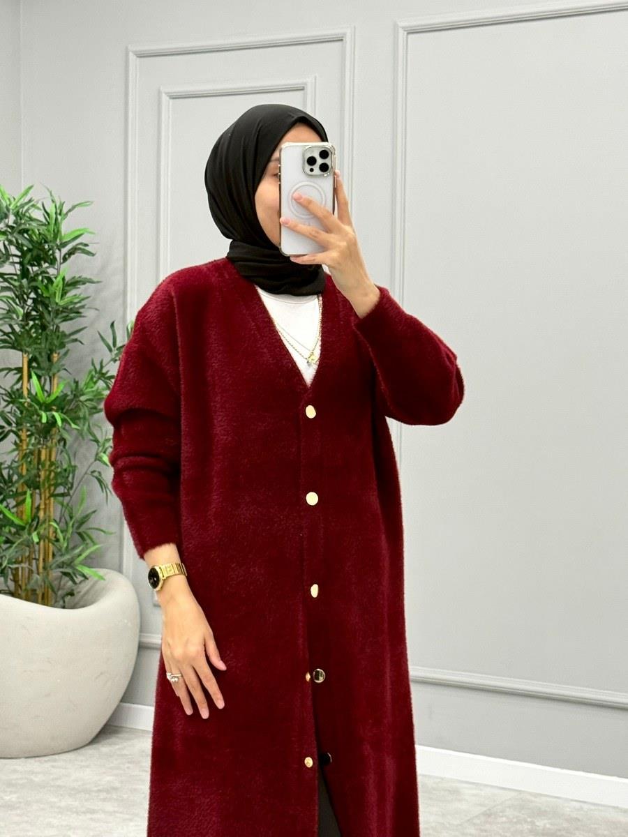 Angora Çıtçıtlı Hırka -Bordo (Ön Sipariş)