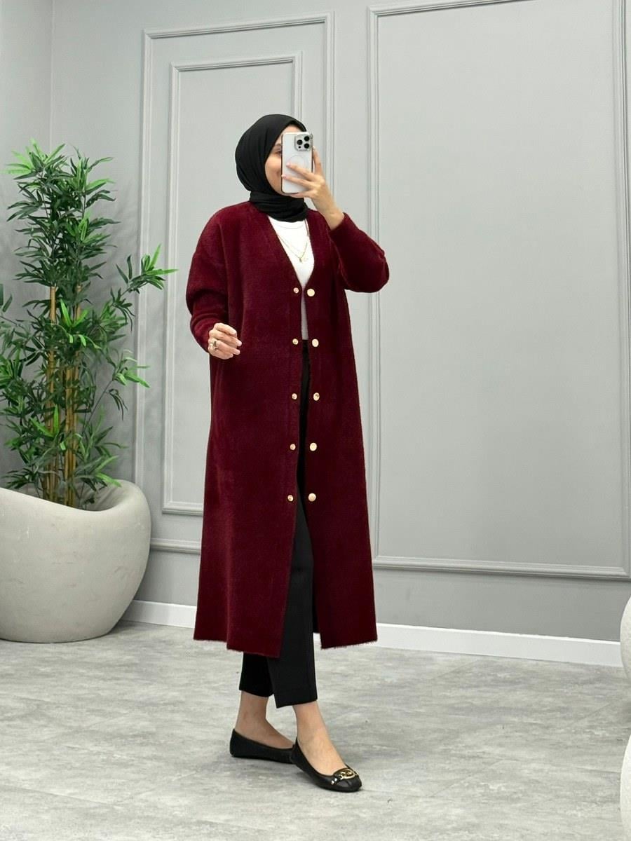 Angora Çıtçıtlı Hırka -Bordo (Ön Sipariş)