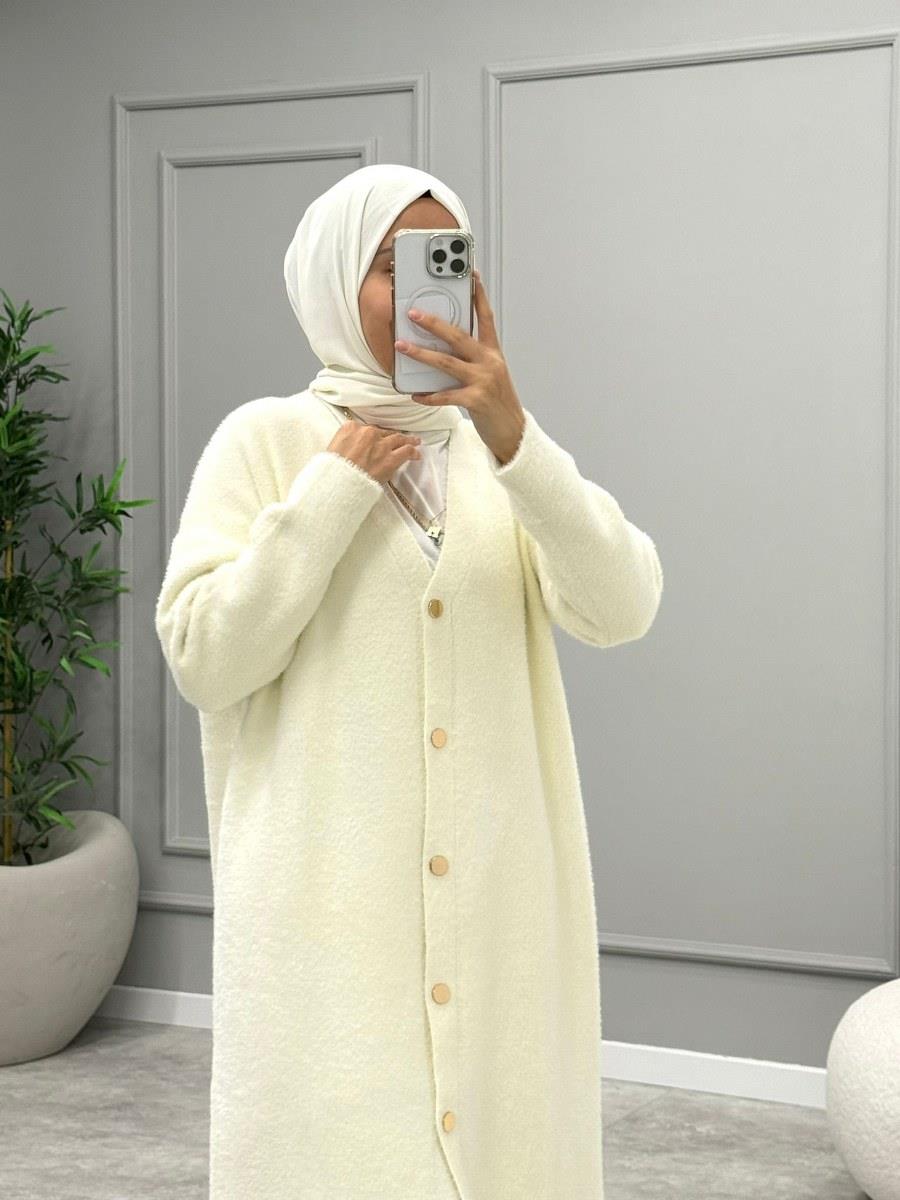 Angora Düğmeli Hırka -Ekru