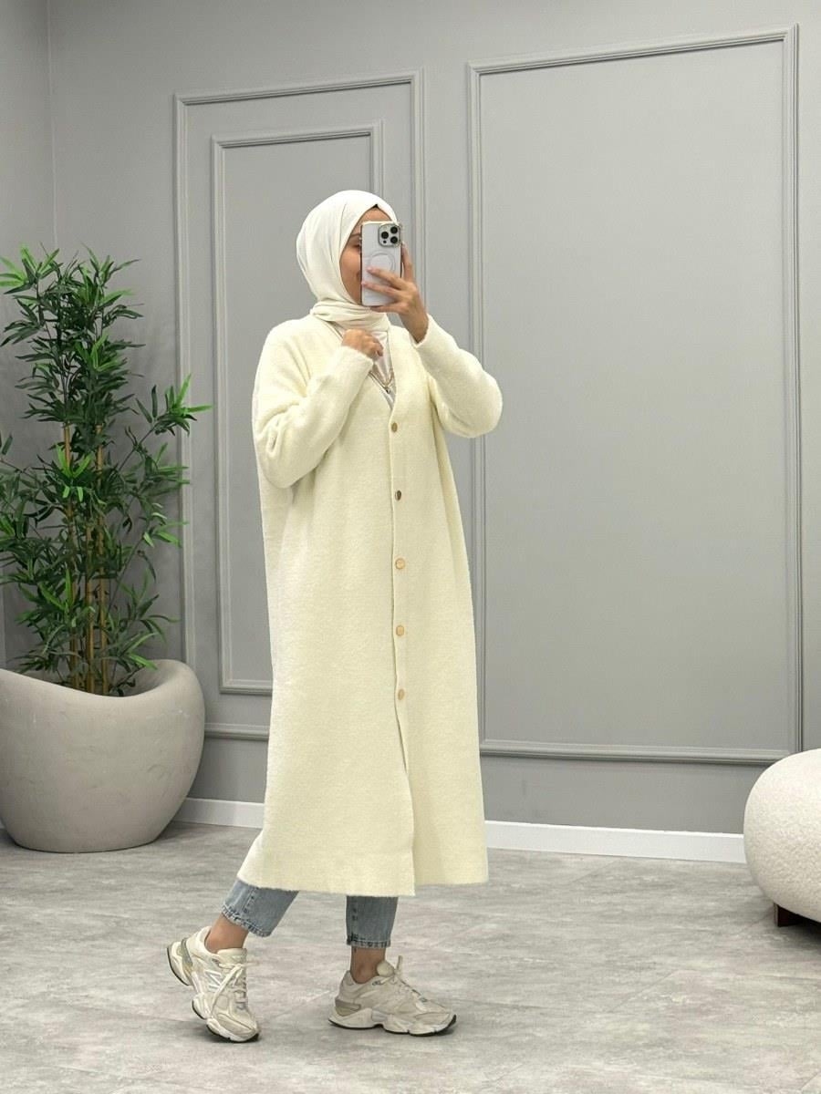 Angora Düğmeli Hırka -Ekru