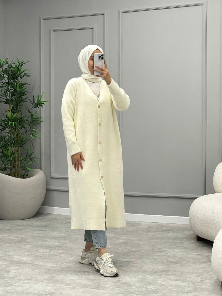 Angora Düğmeli Hırka -Ekru