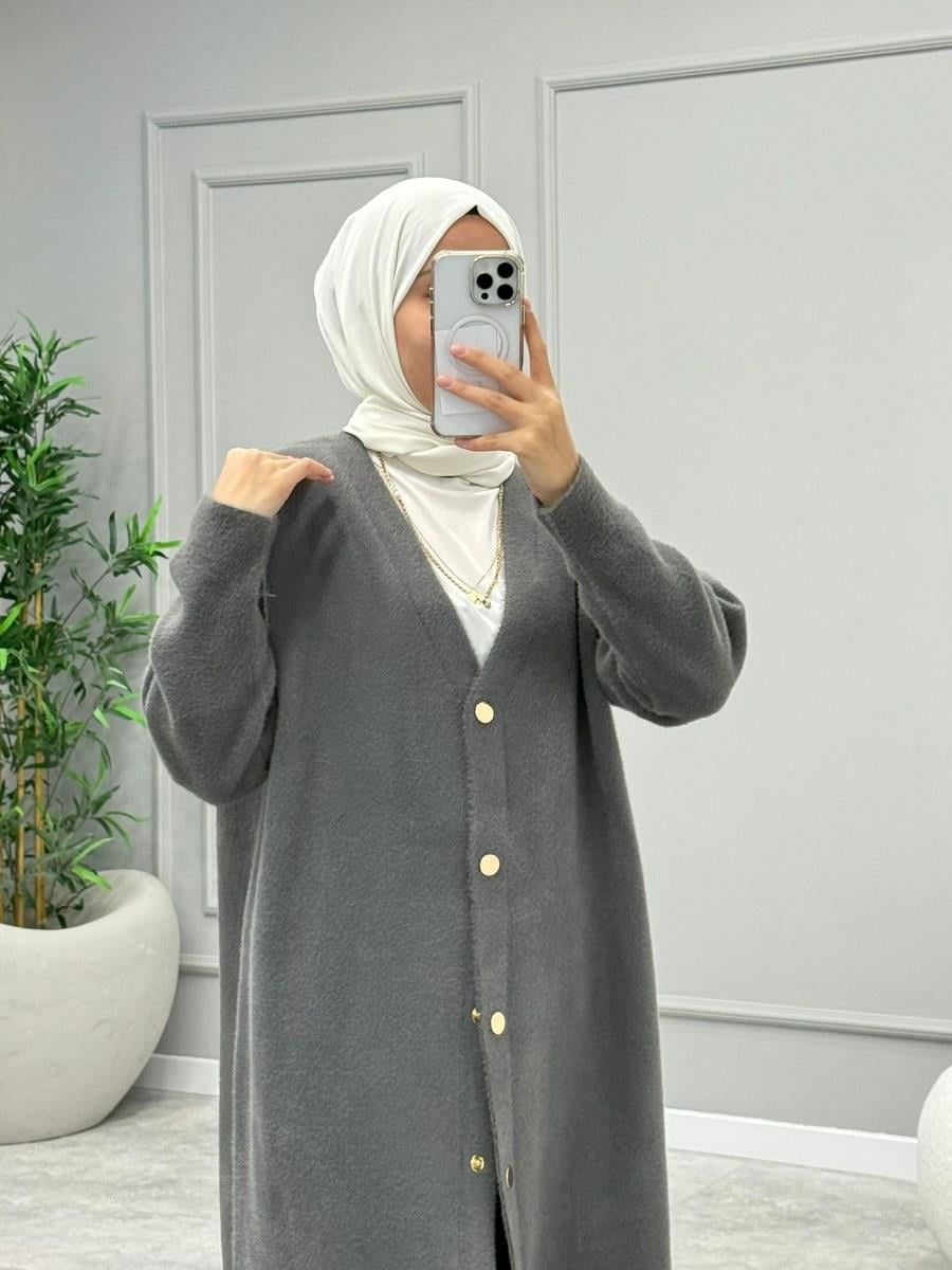 Angora Düğmeli Hırka -Gri