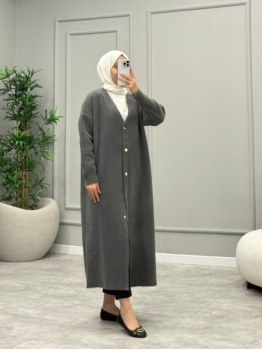 Angora Düğmeli Hırka -Gri