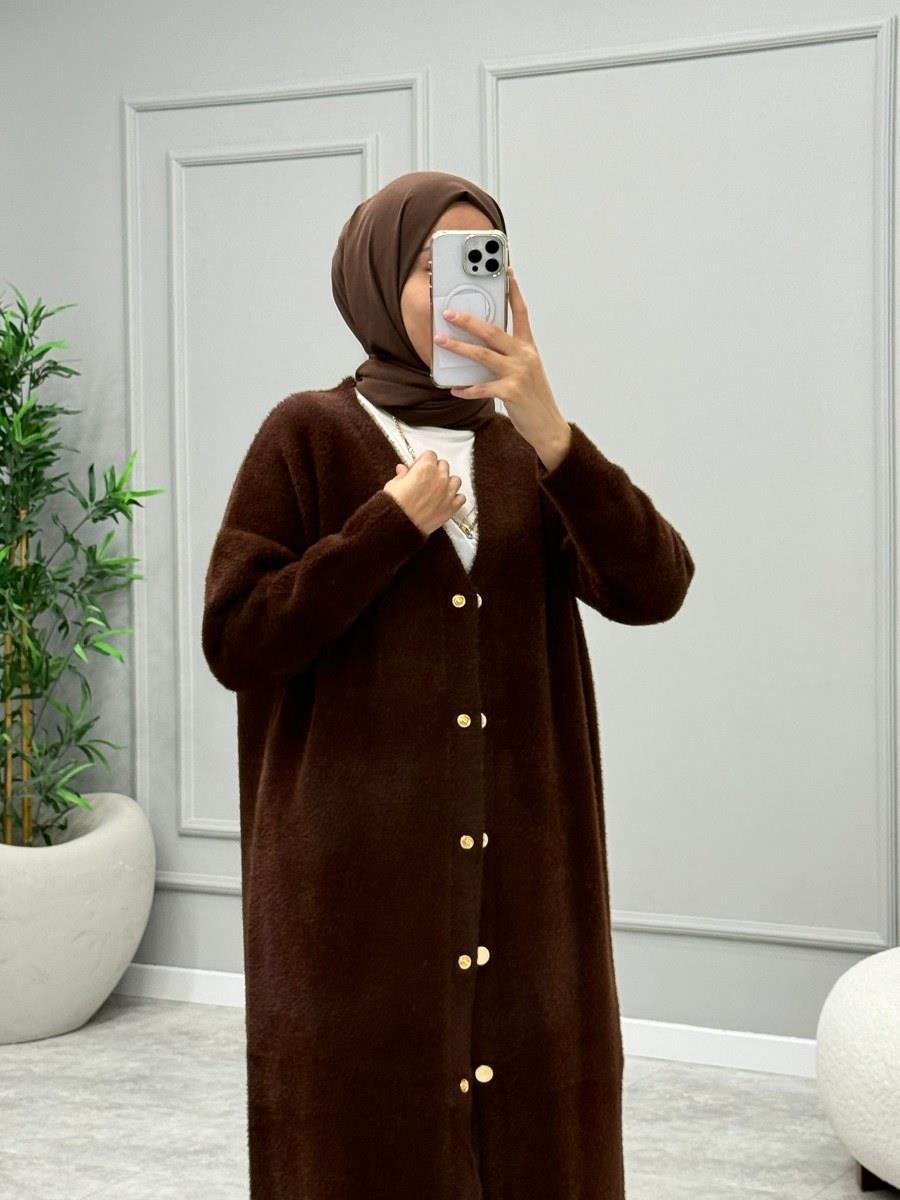 Angora Düğmeli Hırka -Kahverengi