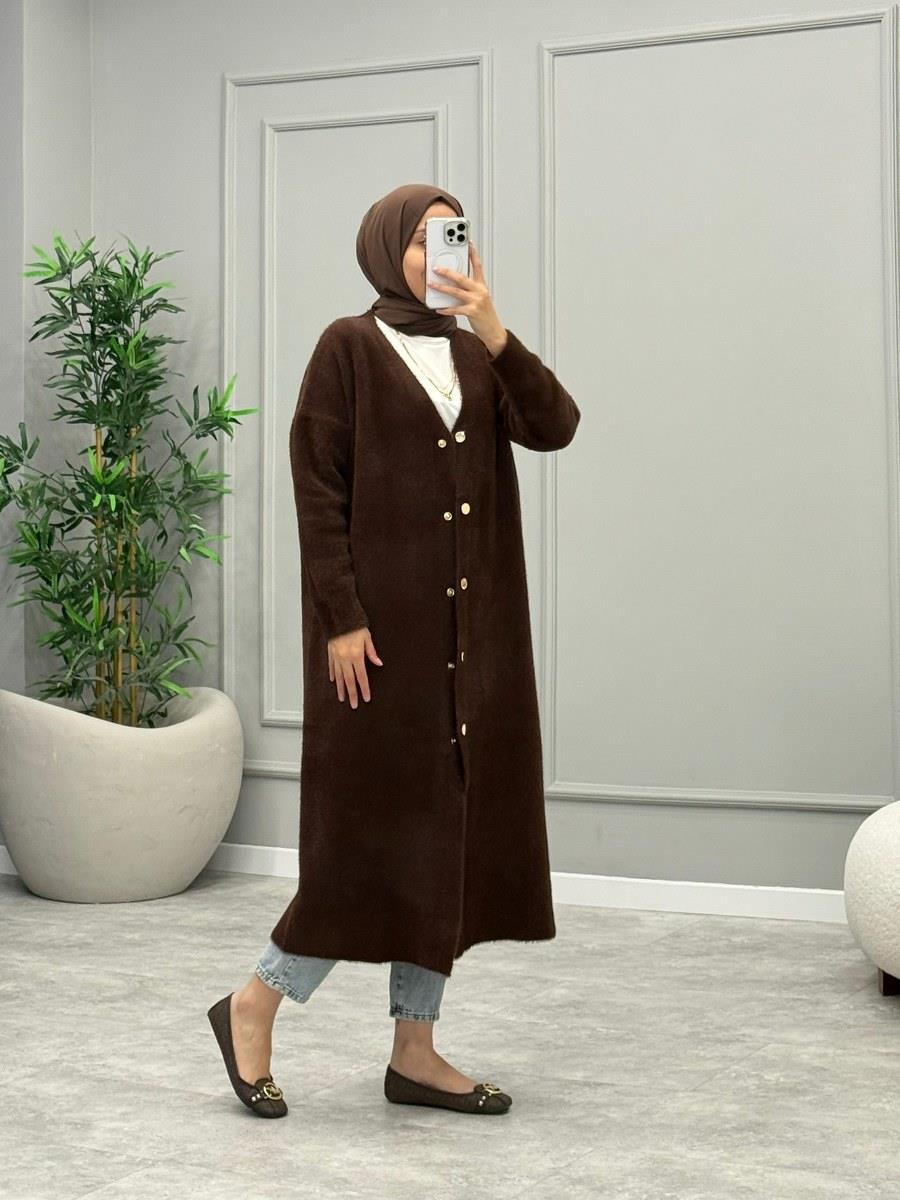 Angora Düğmeli Hırka -Kahverengi