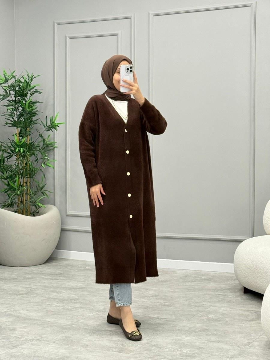 Angora Düğmeli Hırka -Kahverengi