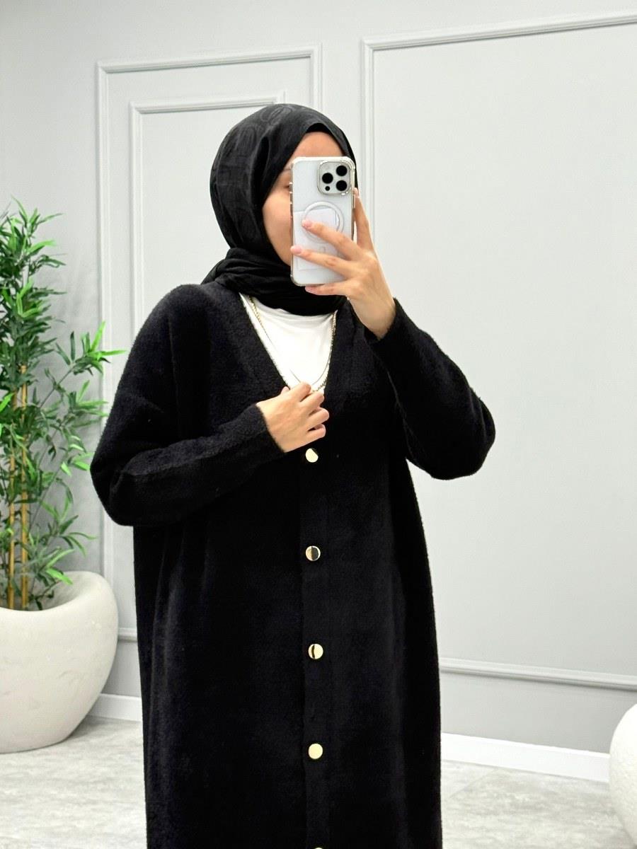 Angora Düğmeli Hırka -Siyah