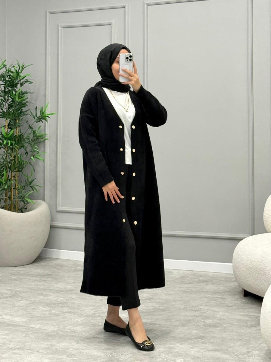 Angora Düğmeli Hırka -Siyah