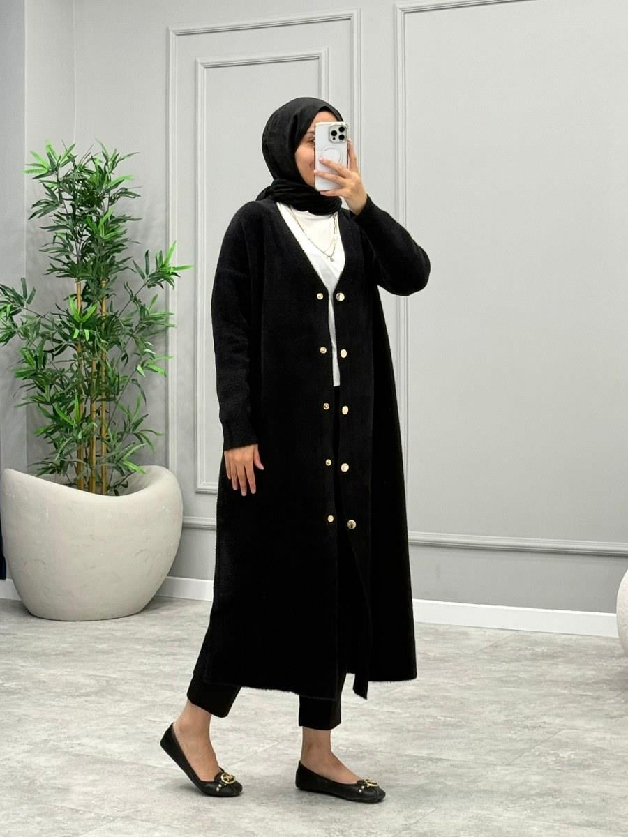 Angora Düğmeli Hırka -Siyah